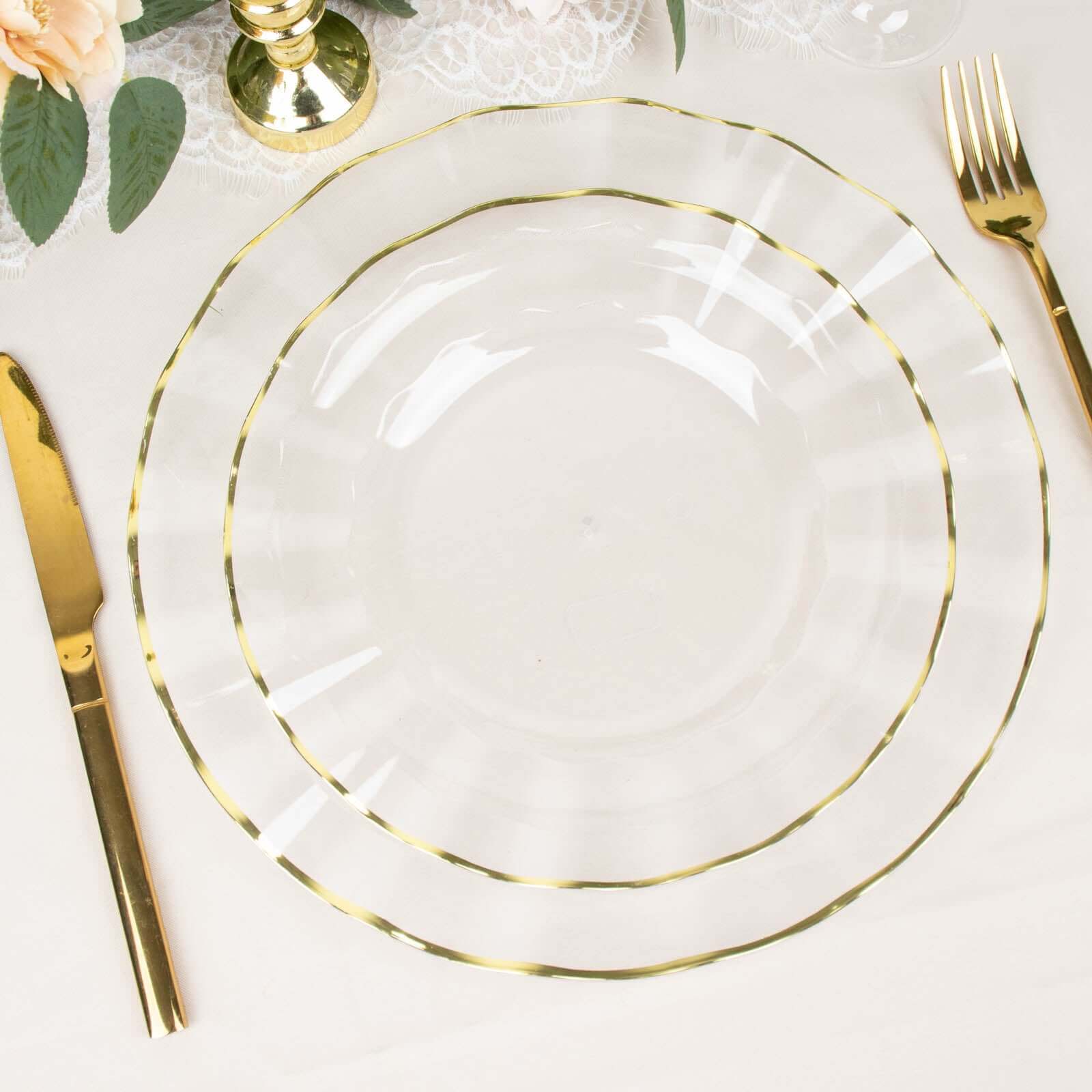 10-Piece Set of Sturdy Disposable Plastic Round Dinner Plates with Clear Ruffled Rim and Gold Edging