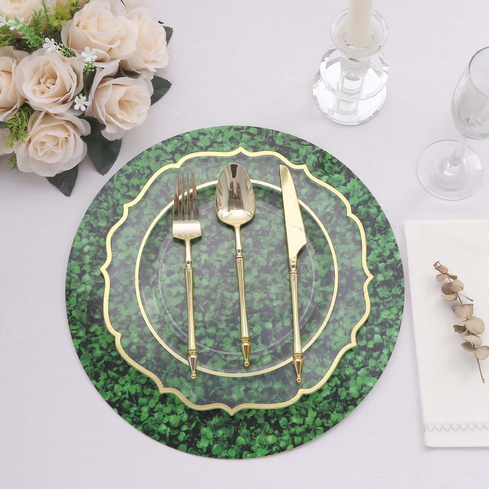 6-Piece Set of Disposable Round Table Placemats in Green Boxwood Leaf Design, 700GSM, 13-Inch