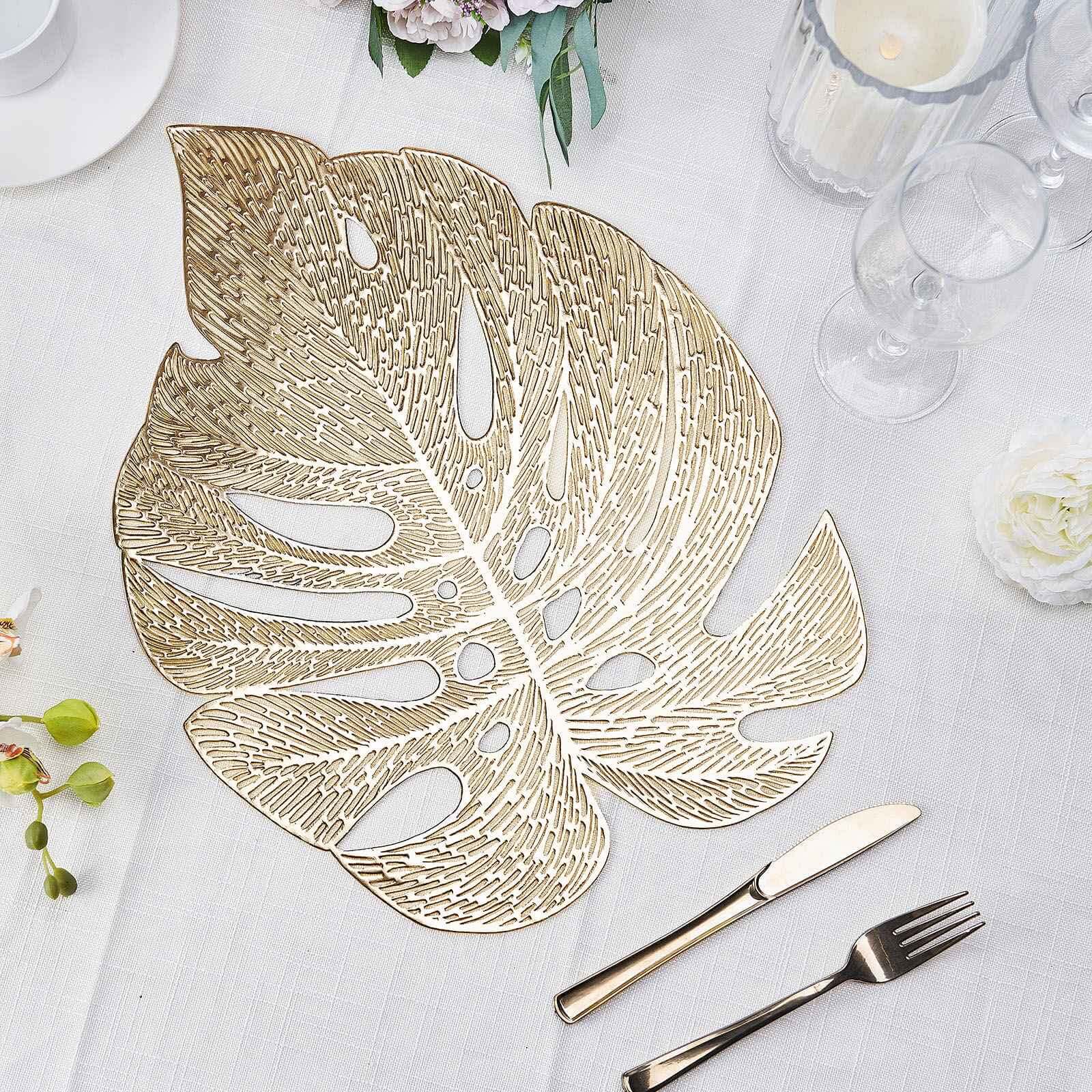 6-Pack Gold Monstera Leaf Design Vinyl Dining Table Mats with Non-Slip Surface for Tropical Decor