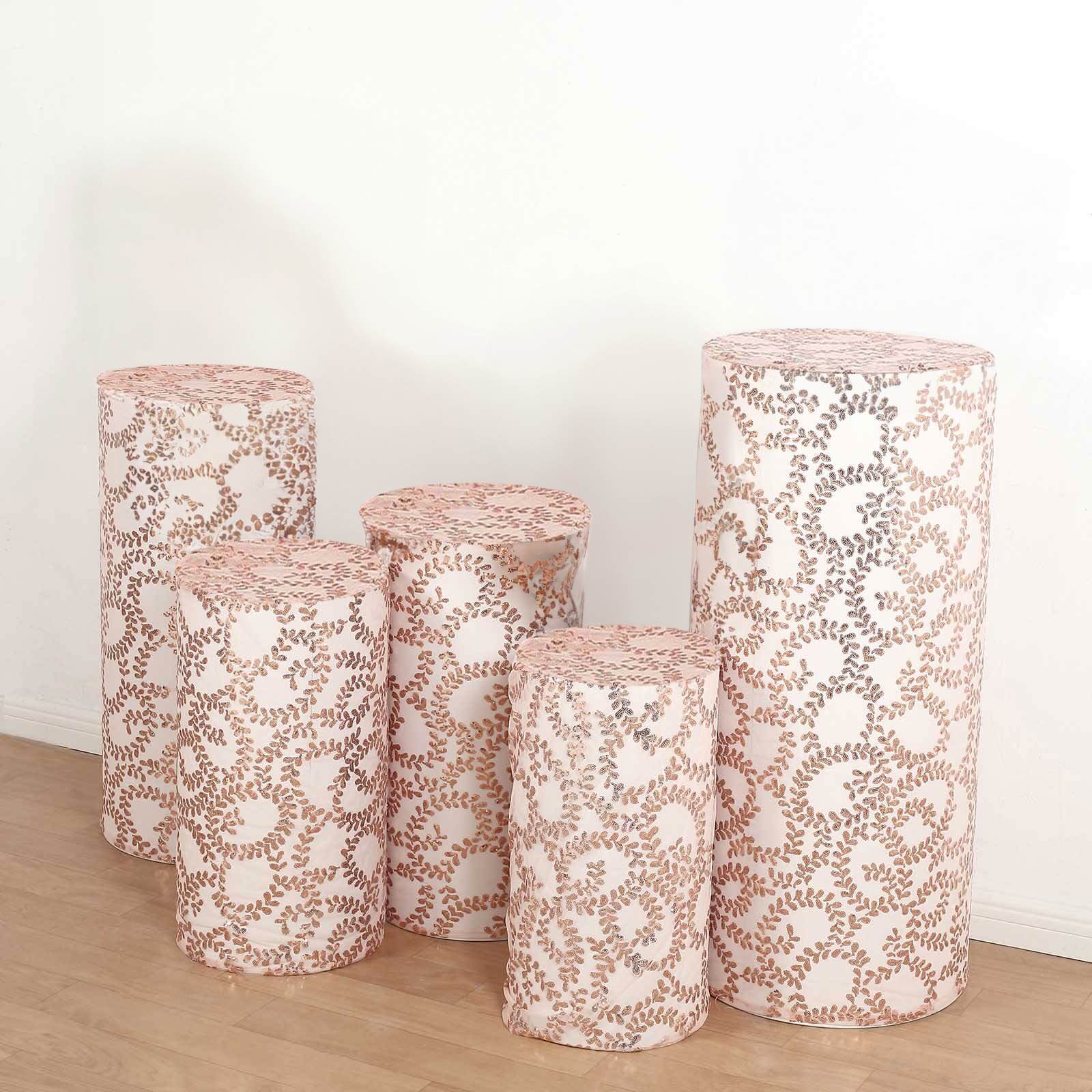 Set of 5 Sparkly Rose Gold Sequin Mesh Cylinder Pedestal Covers with Leaf Vine Design