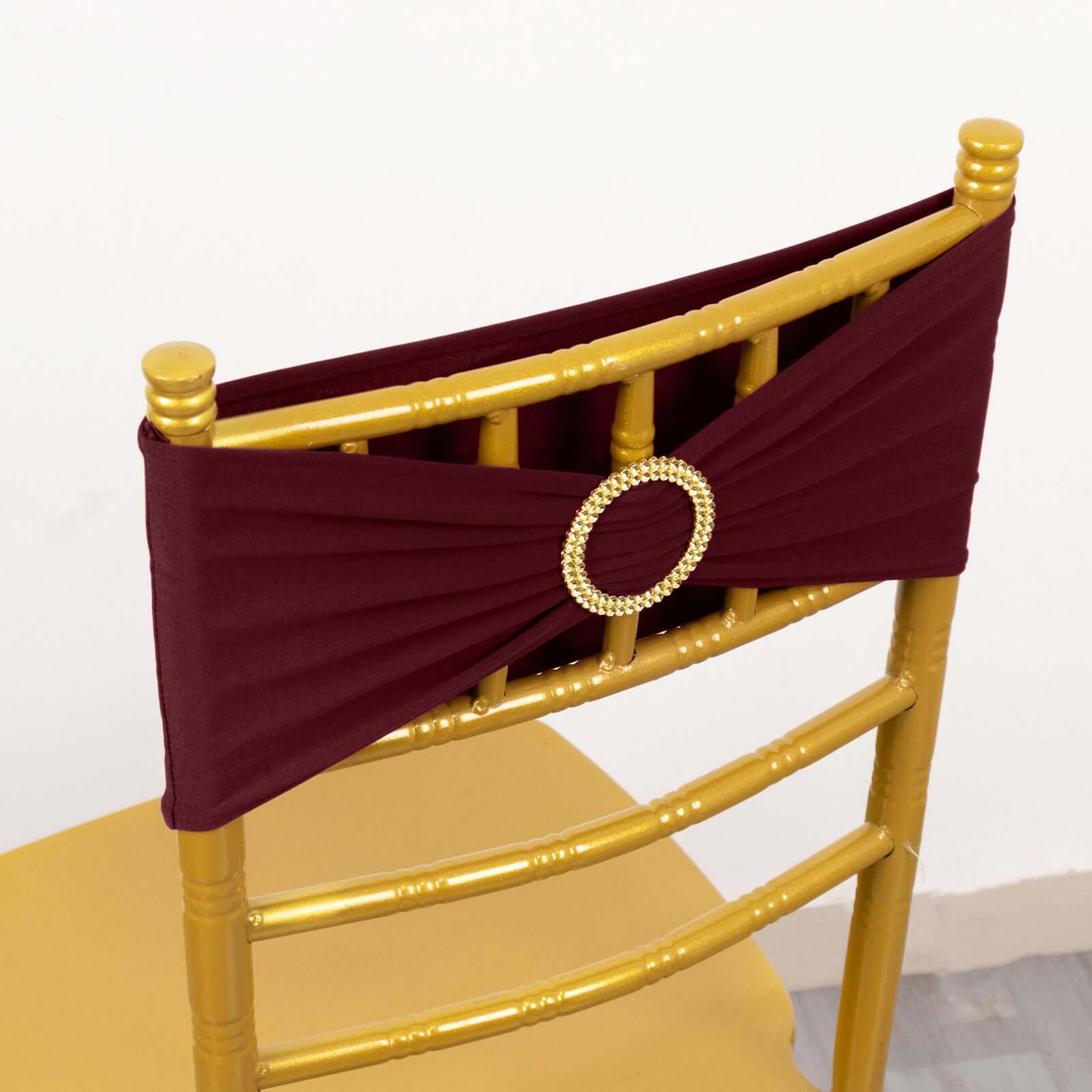 5-Pack Reusable Burgundy Spandex Chair Sashes with Gold Rhinestone Buckles - 4-Way Stretch