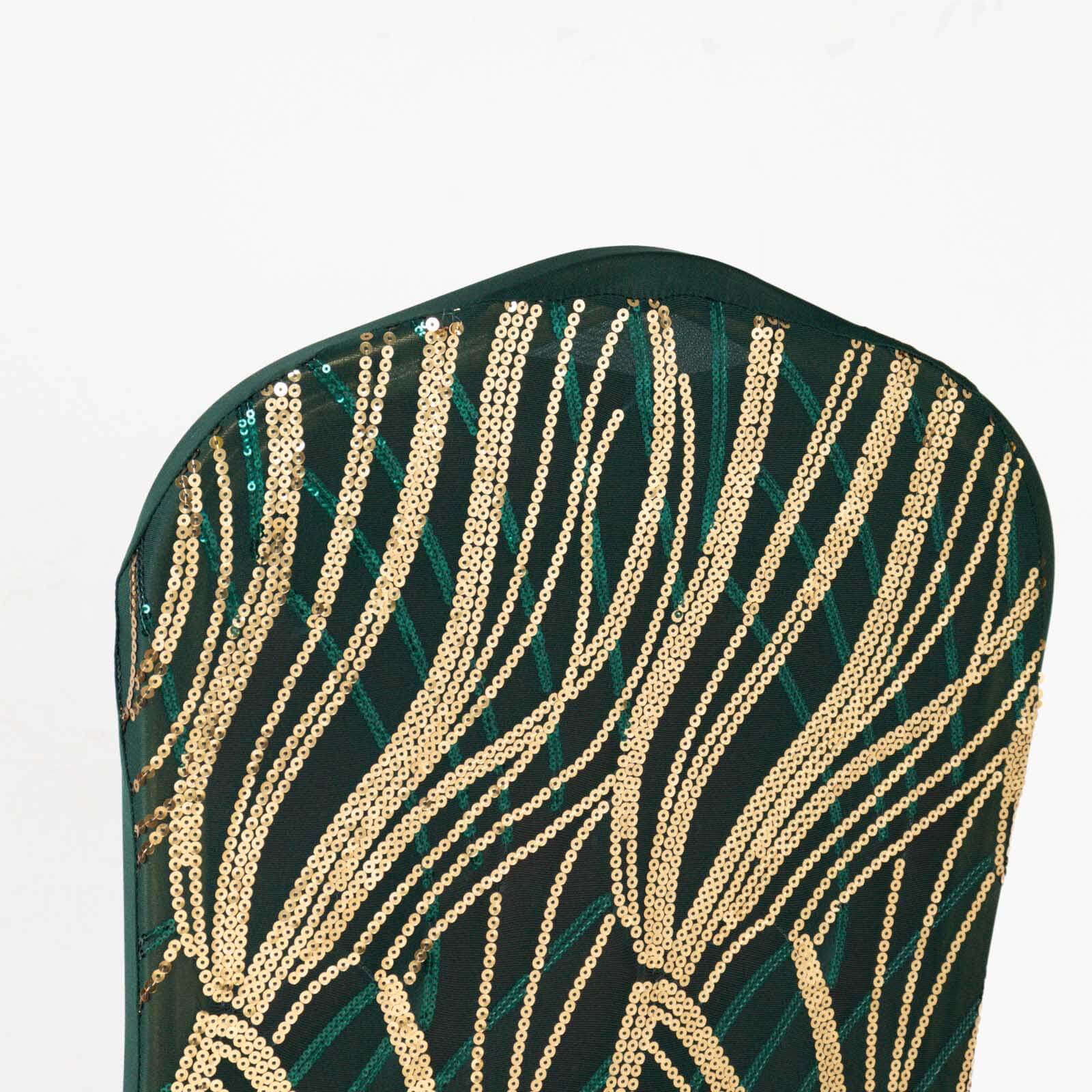 Sparkling Hunter Emerald Green/Gold Spandex Banquet Chair Covers with Wave Embroidered Sequins - Stretch Fitted Slipcovers