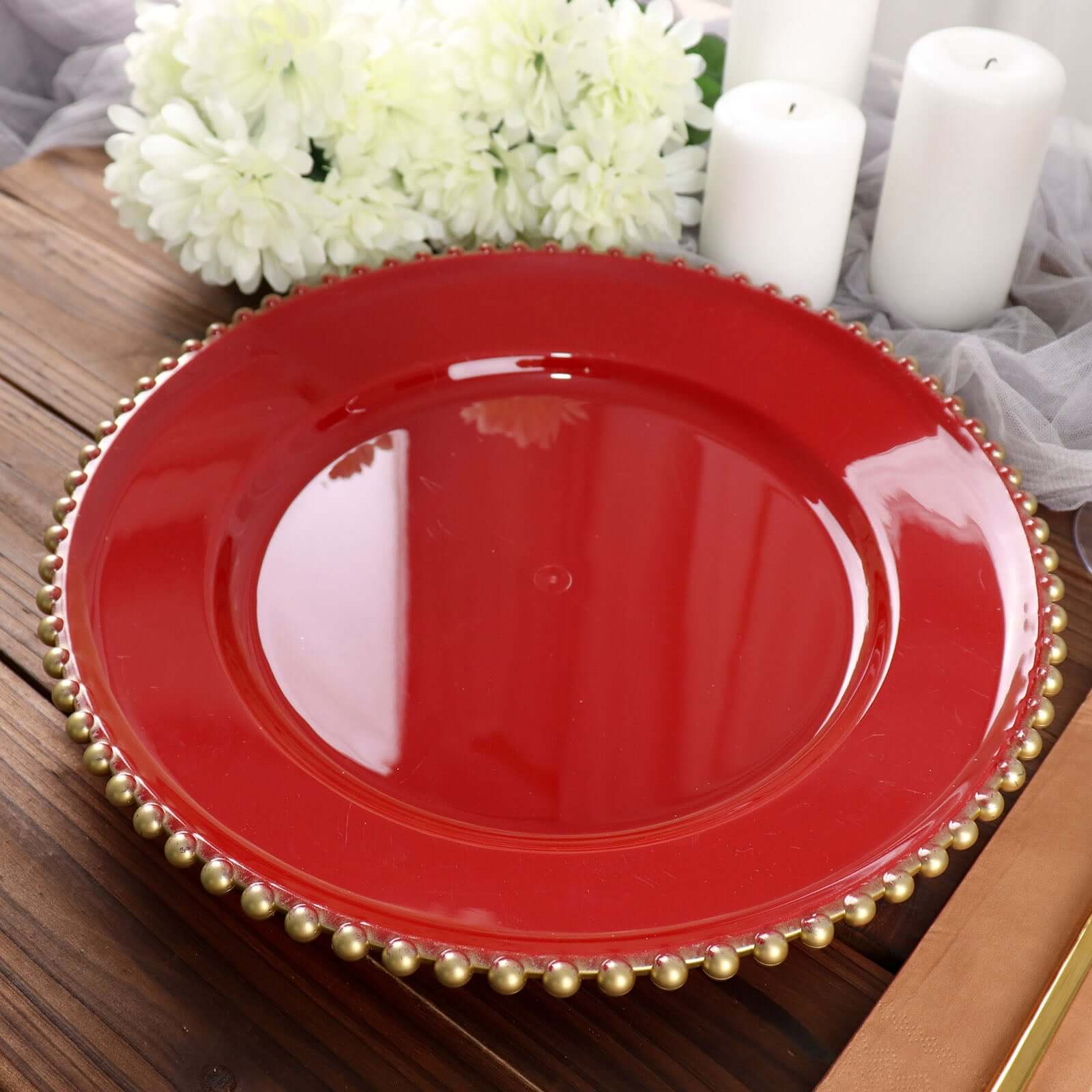 Hot Sale! 6-Piece Set of 13-Inch Red Acrylic Round Charger Plates with Gold Beaded Rims for Dinner Parties