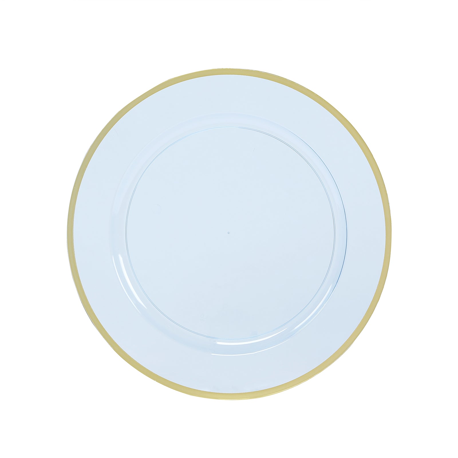 Economy 10-Pack 12-Inch Transparent Dusty Blue Round Plastic Charger Plates with Wide Gold Rim for Party Serving