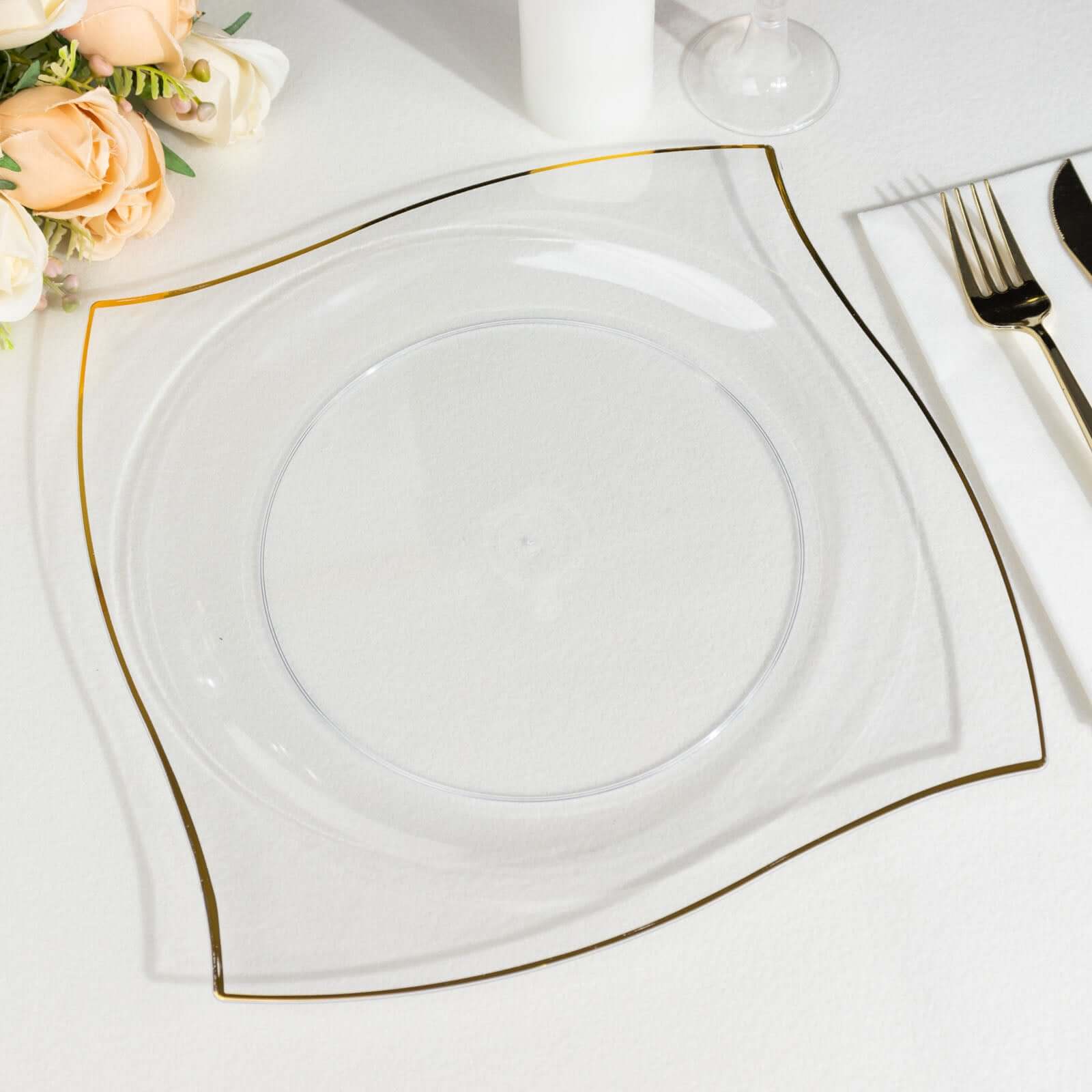 10-Pack Disposable Clear Plastic Square Dinner Plates with Gold Wavy Rim