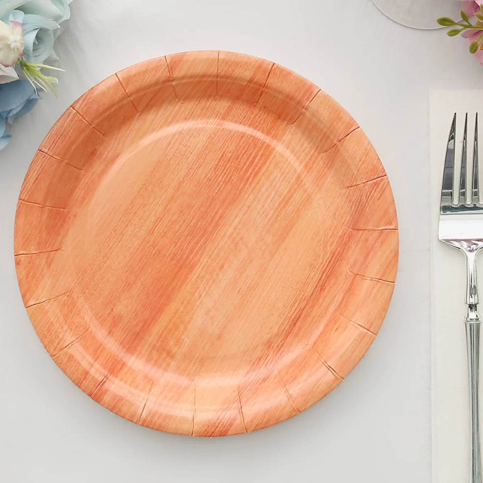 25-Pack 7-Inch Disposable Round Paper Dessert Plates with Natural Wood Grain Print for Rustic Events