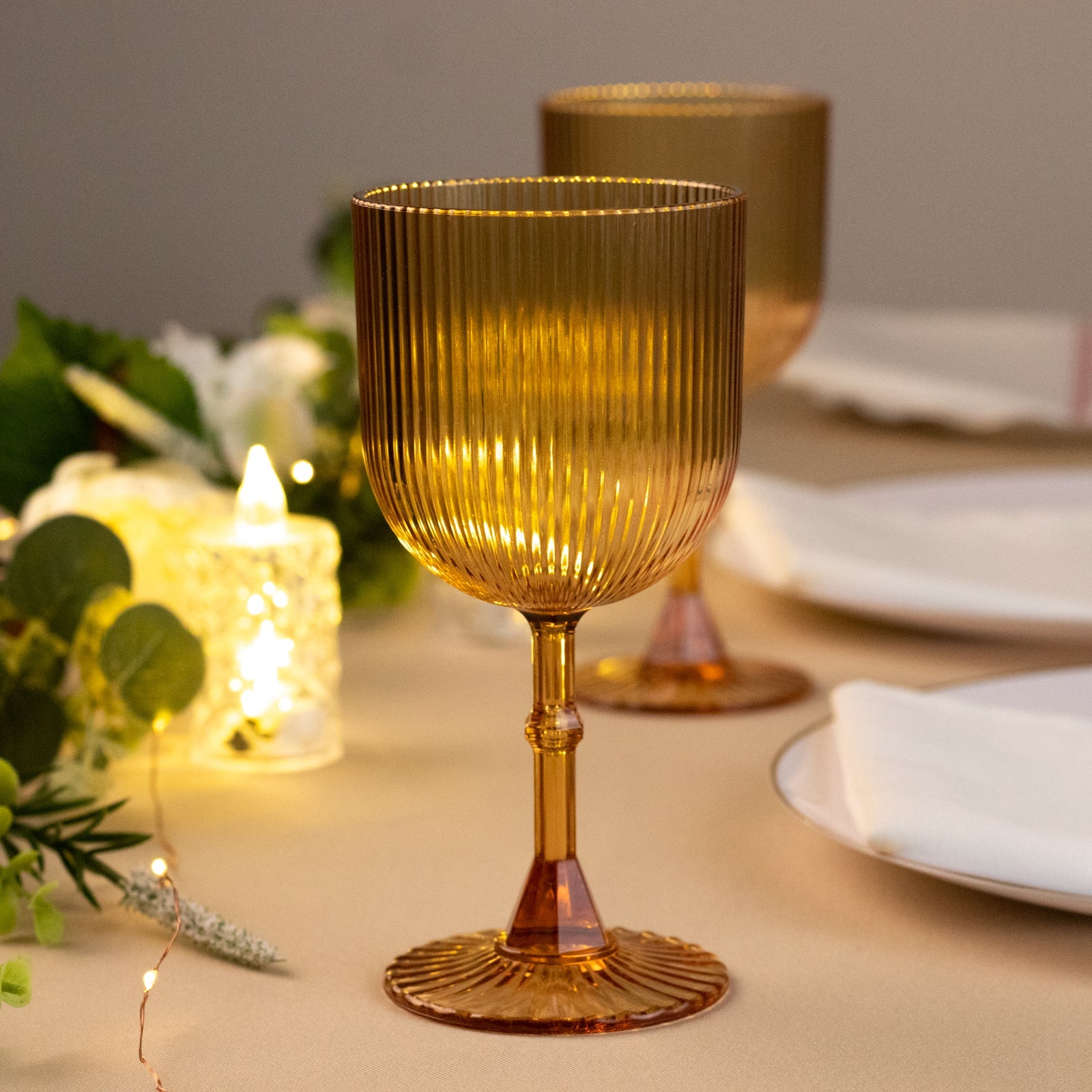 12-Pack Reusable 9oz Amber Gold Vintage Ribbed Plastic Wine Goblets - Shatterproof Glassware