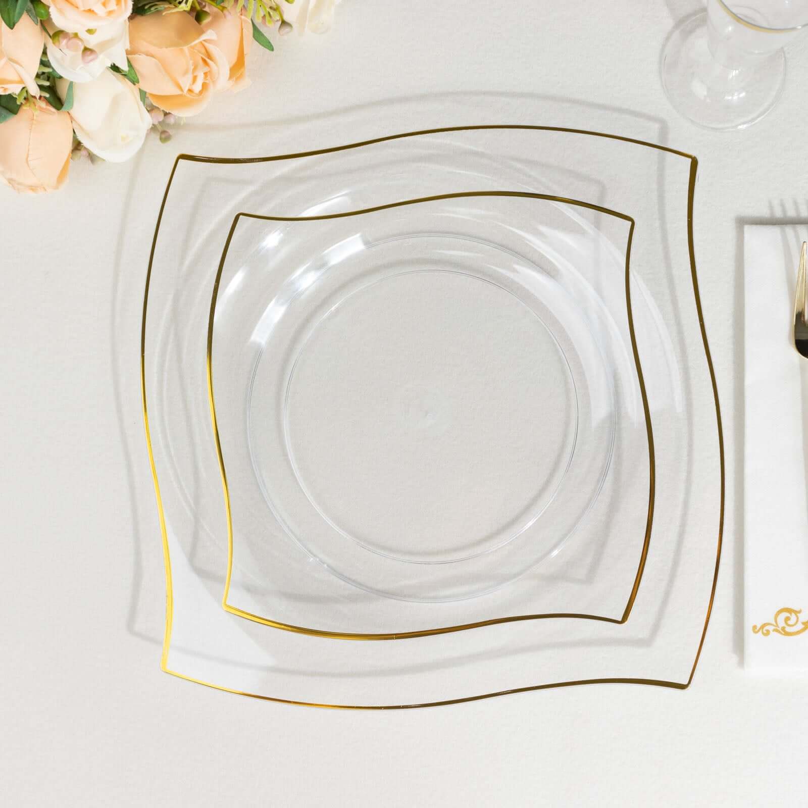 10-Pack Disposable Clear Plastic Square Dinner Plates with Gold Wavy Rim