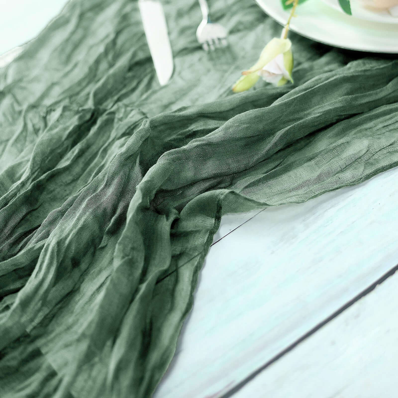Olive Green Rustic Boho Style Gauze Cheesecloth Table Runner - 10ft Long, Ideal for Weddings & Parties