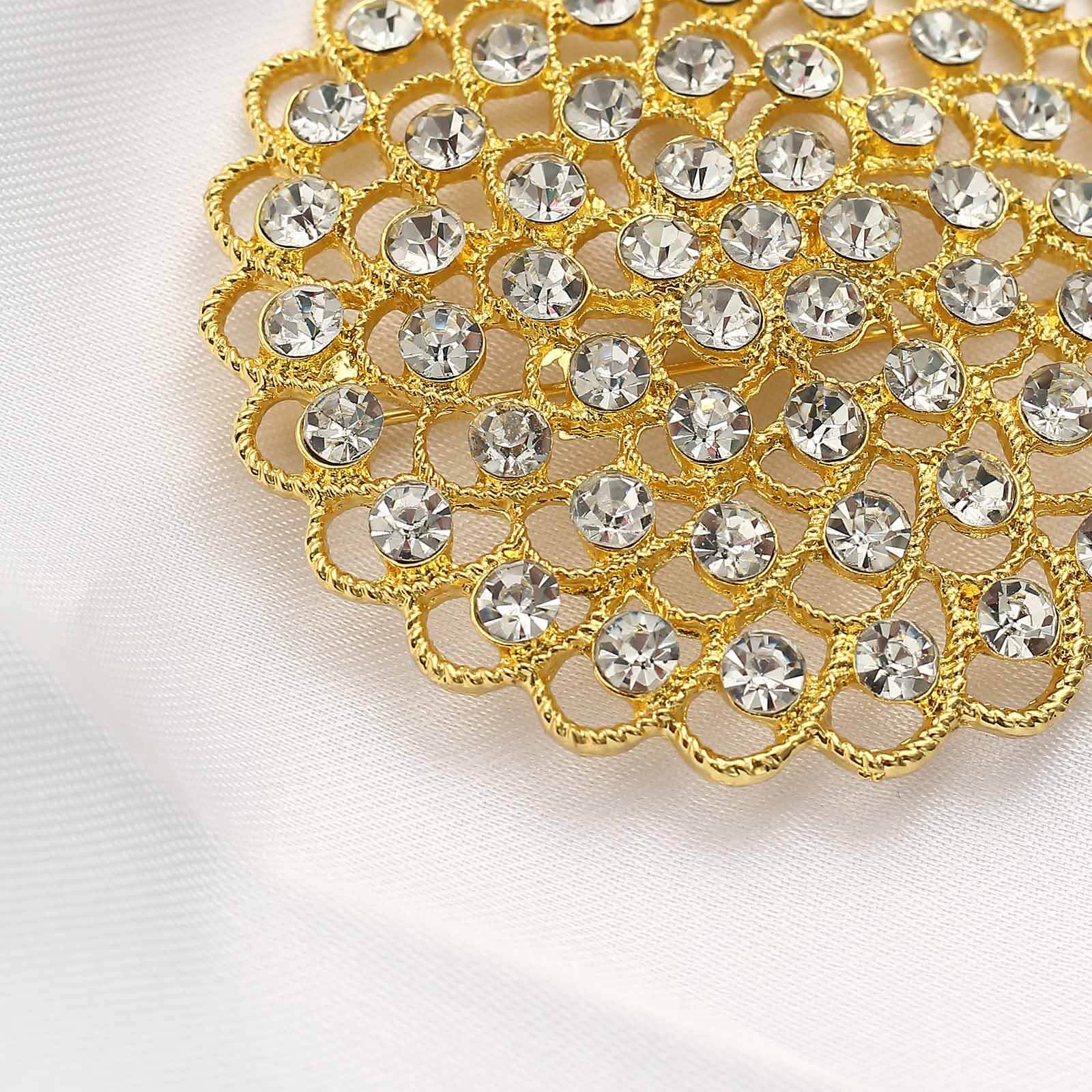 Sparkling Gold Rhinestone Metal Flower Chair Sash Band Buckle - Ideal for Weddings & Celebrations