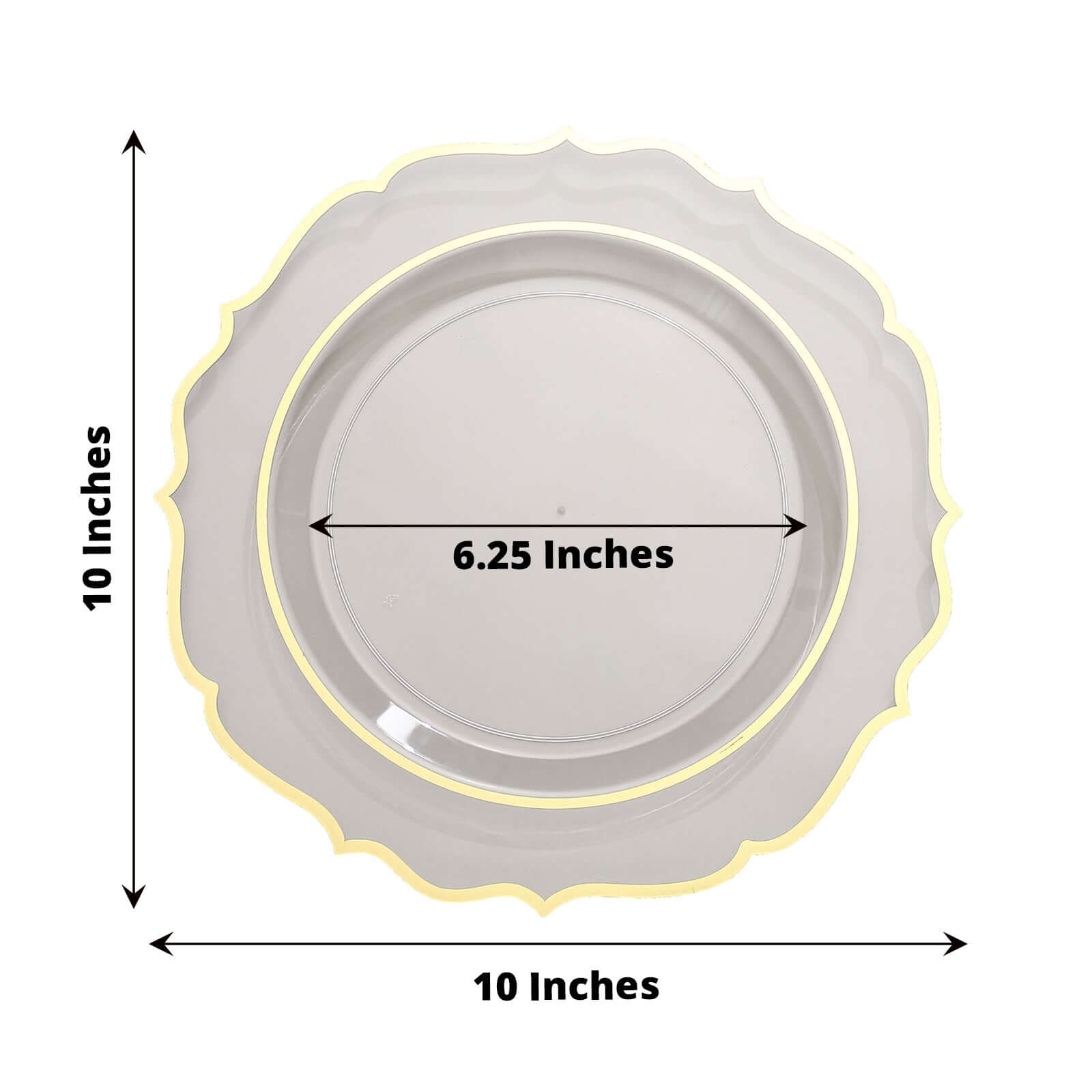 10-Piece Set of Clear Plastic Round Dinner Plates with Gold Scalloped Rims - Disposable for Parties