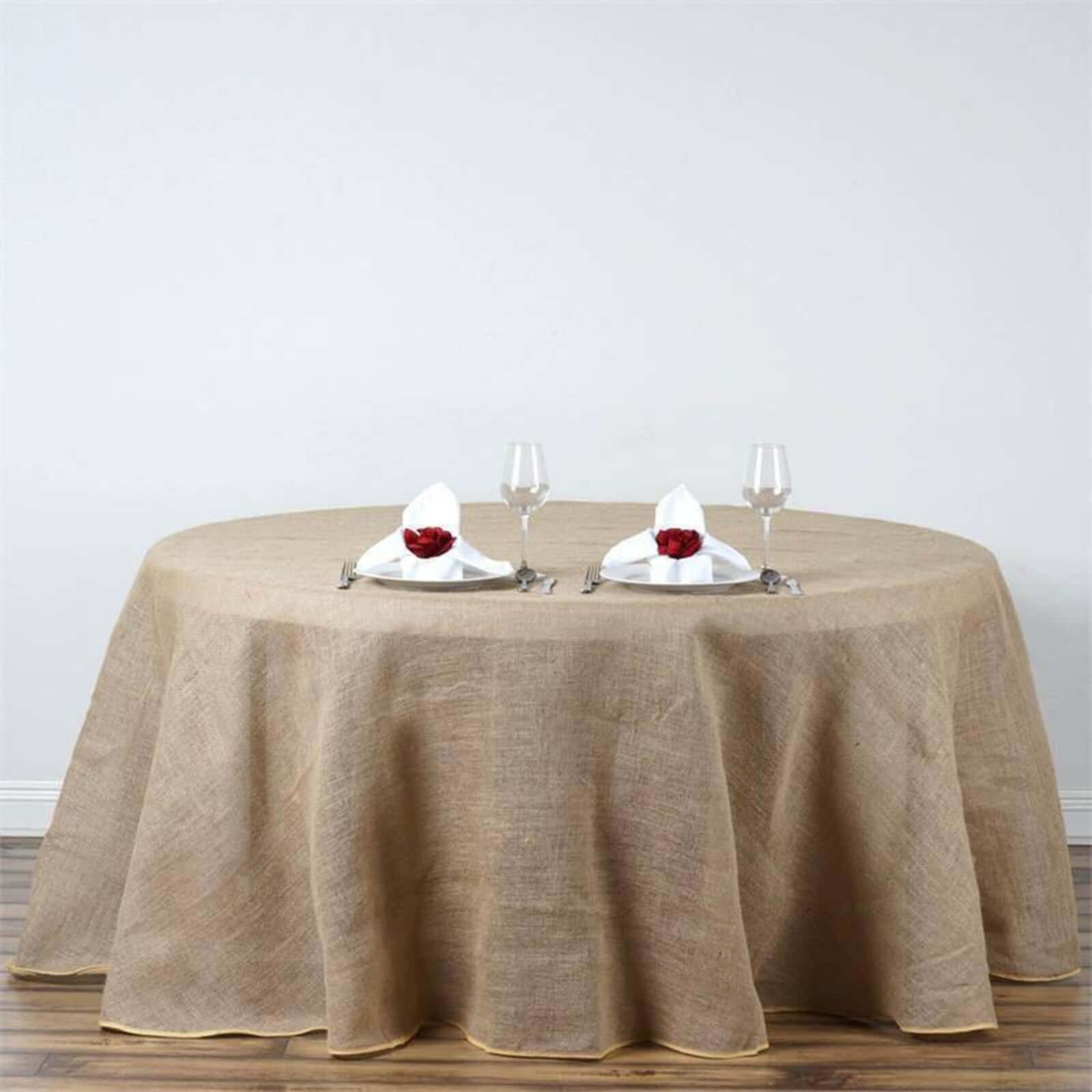 120-Inch Natural Burlap Jute Round Tablecloth for Rustic Boho Chic Decor