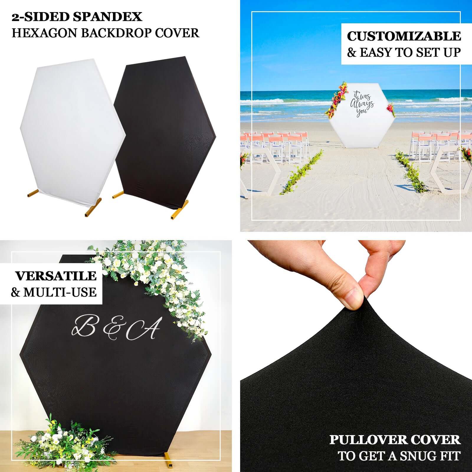 8ft x 7ft Double-Sided Black Spandex Snug-Fit Hexagon Wedding Arbor Backdrop Cover