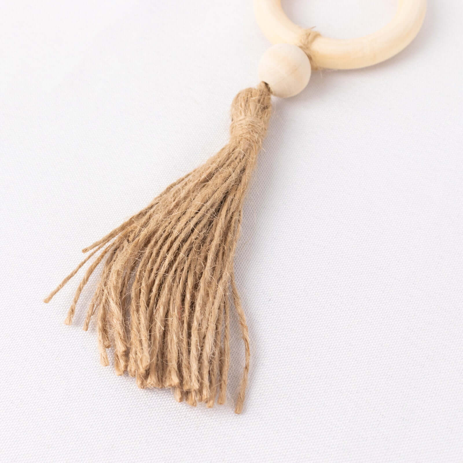 4-Pack Cream Wooden Napkin Rings with Jute Tassels - Rustic Boho Style