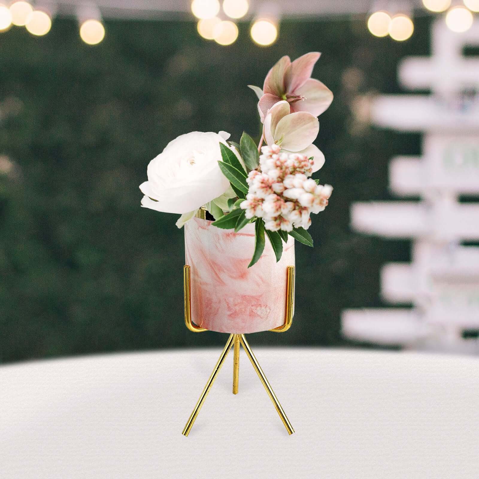 8-Inch Decorative Gold-Rimmed Pink Marble Ceramic Planter with Gold Metal Stand