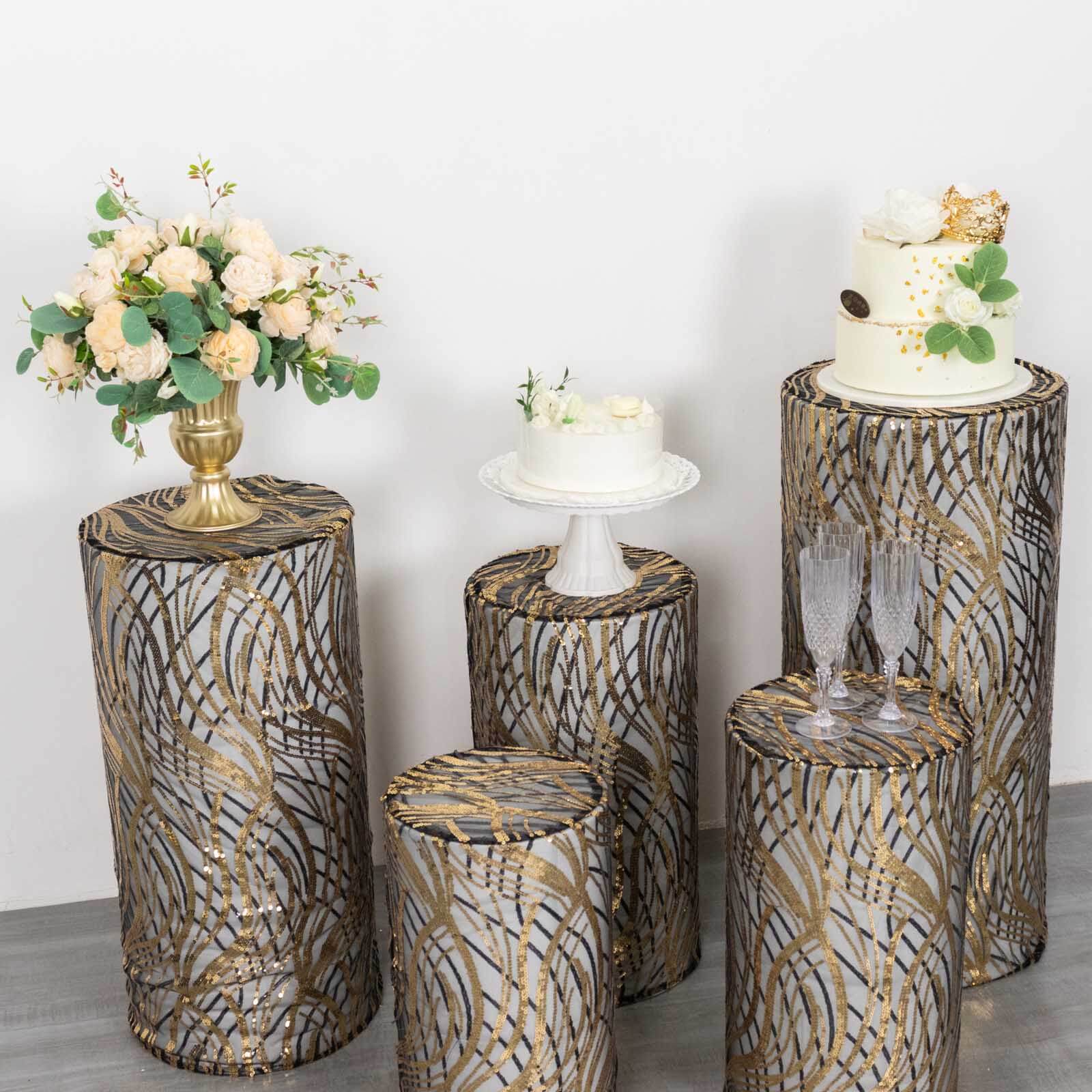 Hot! Set of 5 Embroidered Sequin Black Wave Mesh Cylinder Pedestal Stand Covers