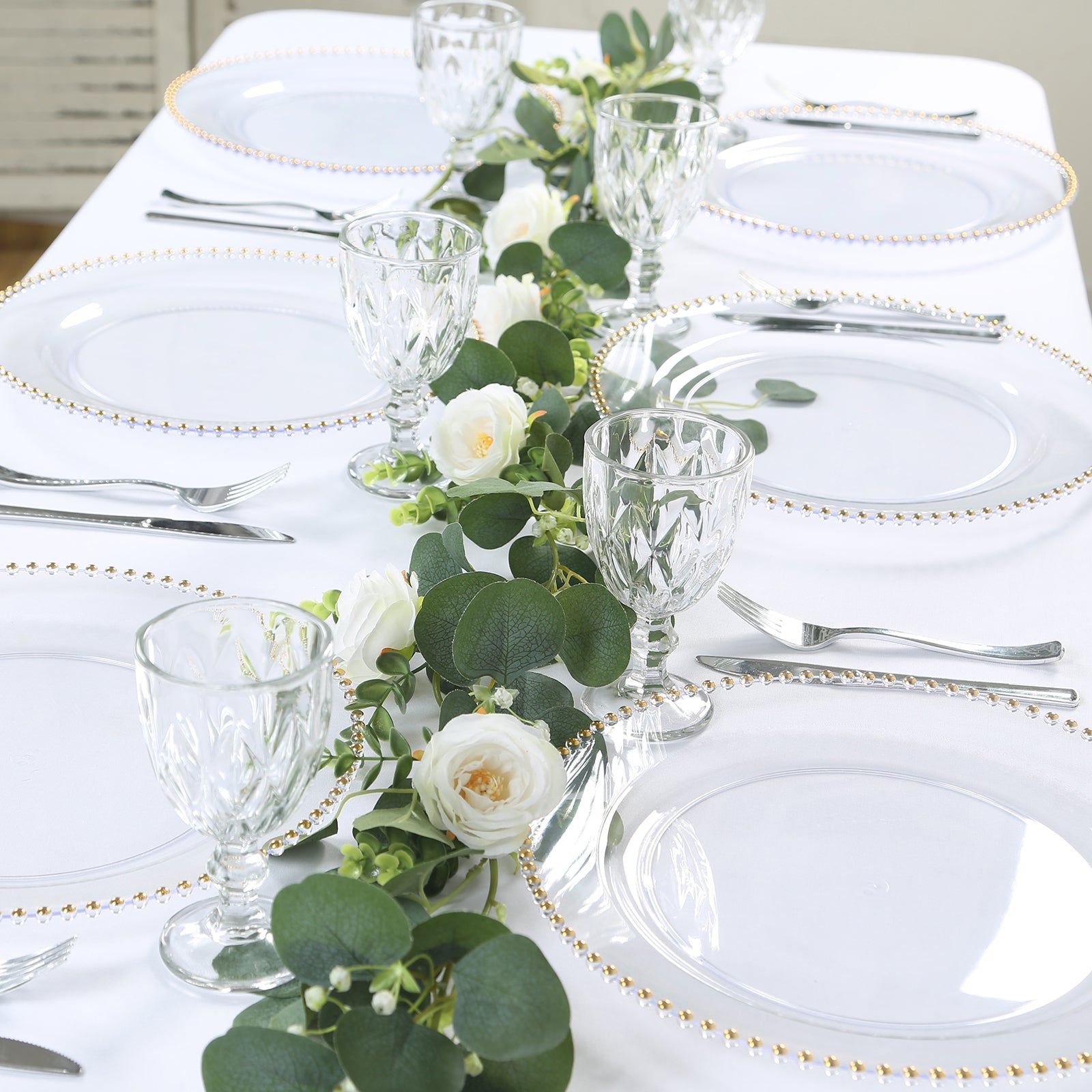 10-Piece Set of Clear 13-Inch Round Plastic Charger Plates with Gold Beaded Rim for Stylish Dinner Parties