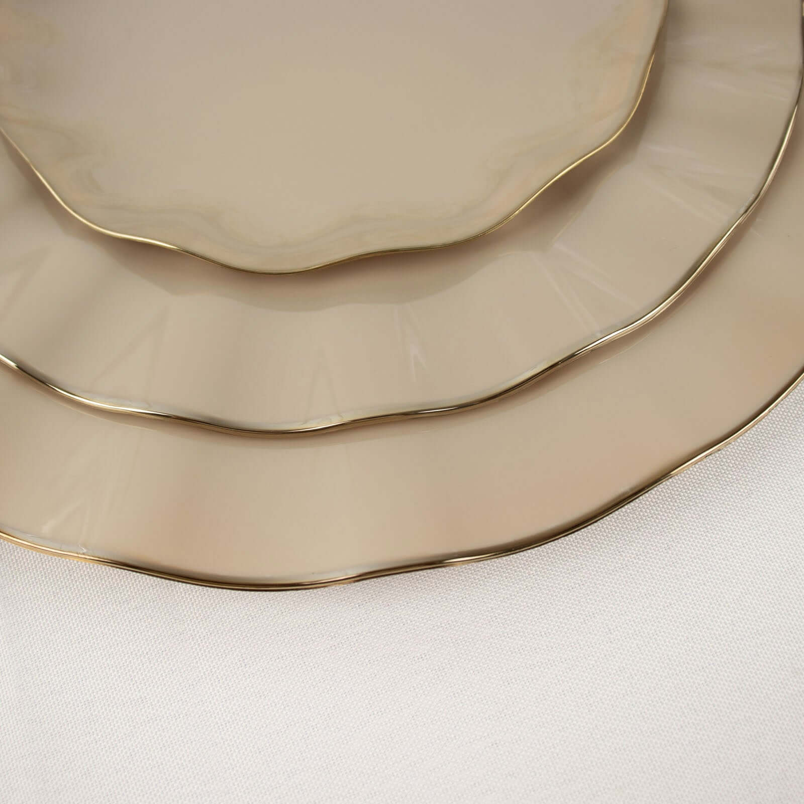 Hot Deal! 10-Pack 9" Taupe Plastic Round Dinner Plates with Gold Ruffled Edges - Sturdy Disposable