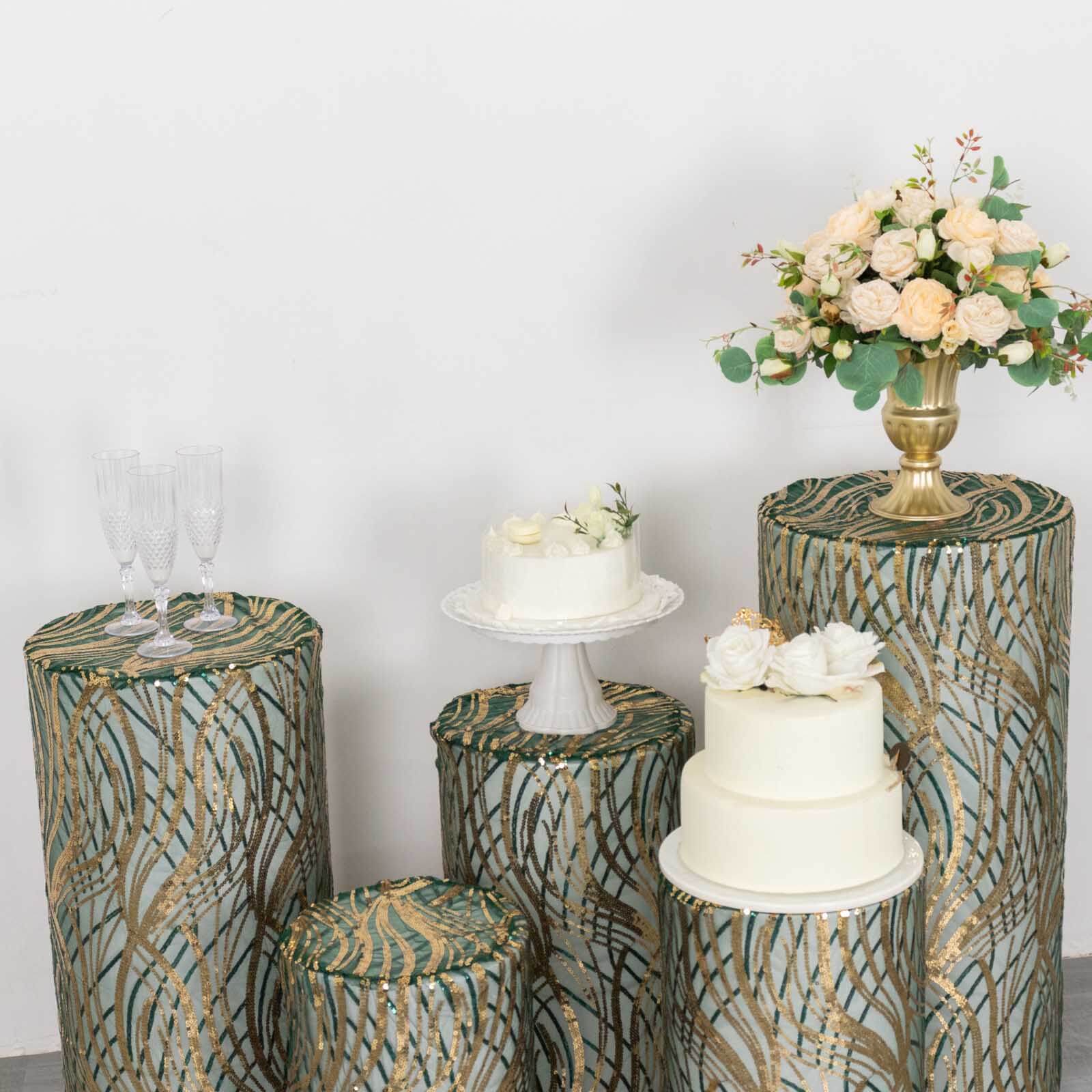 Hot Deal! Set of 5 Emerald Green Wave Sequin Mesh Cylinder Pedestal Stand Covers