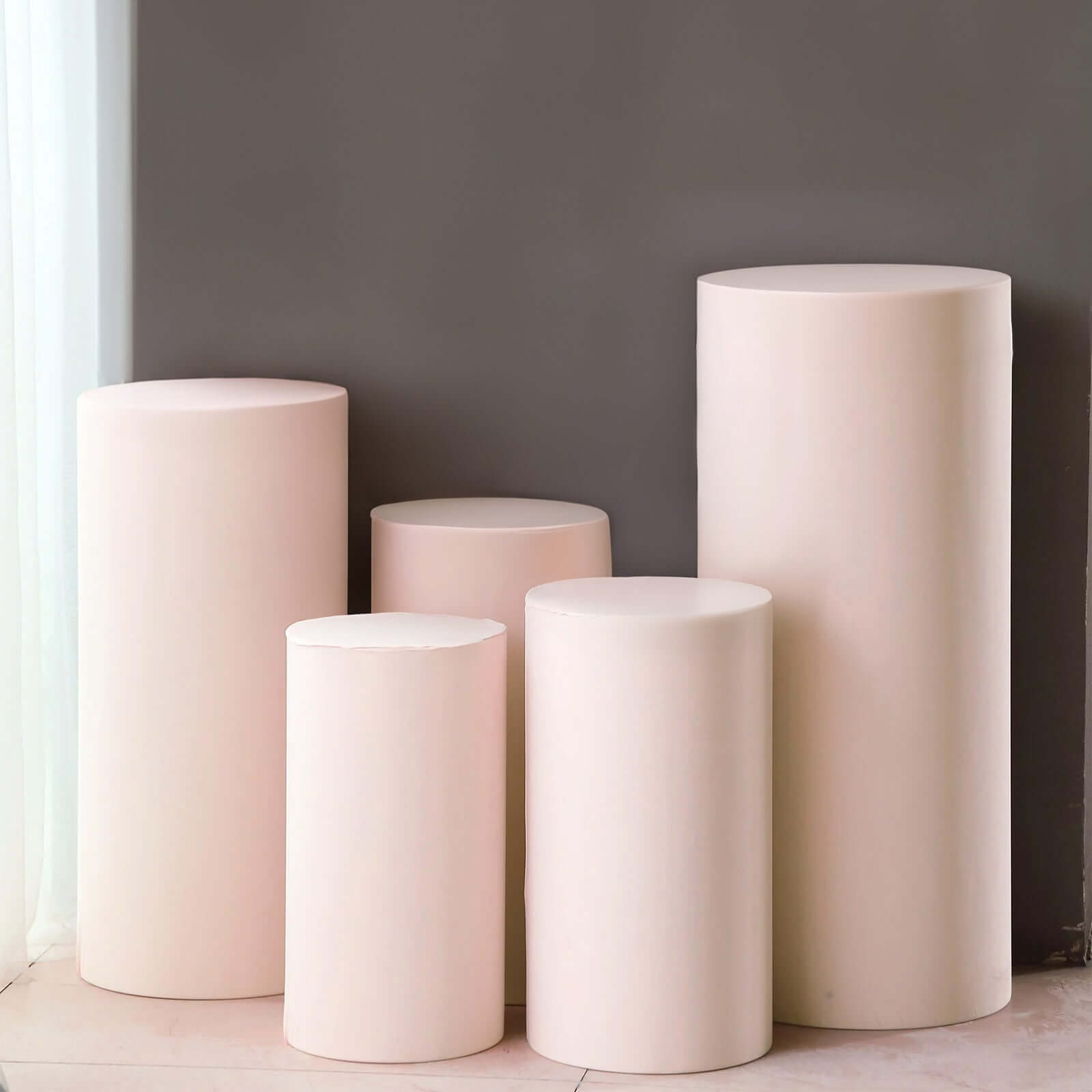 Hot Sale! Set of 5 Blush Spandex Stretchable Cylinder Pedestal Stand Covers, 160 GSM