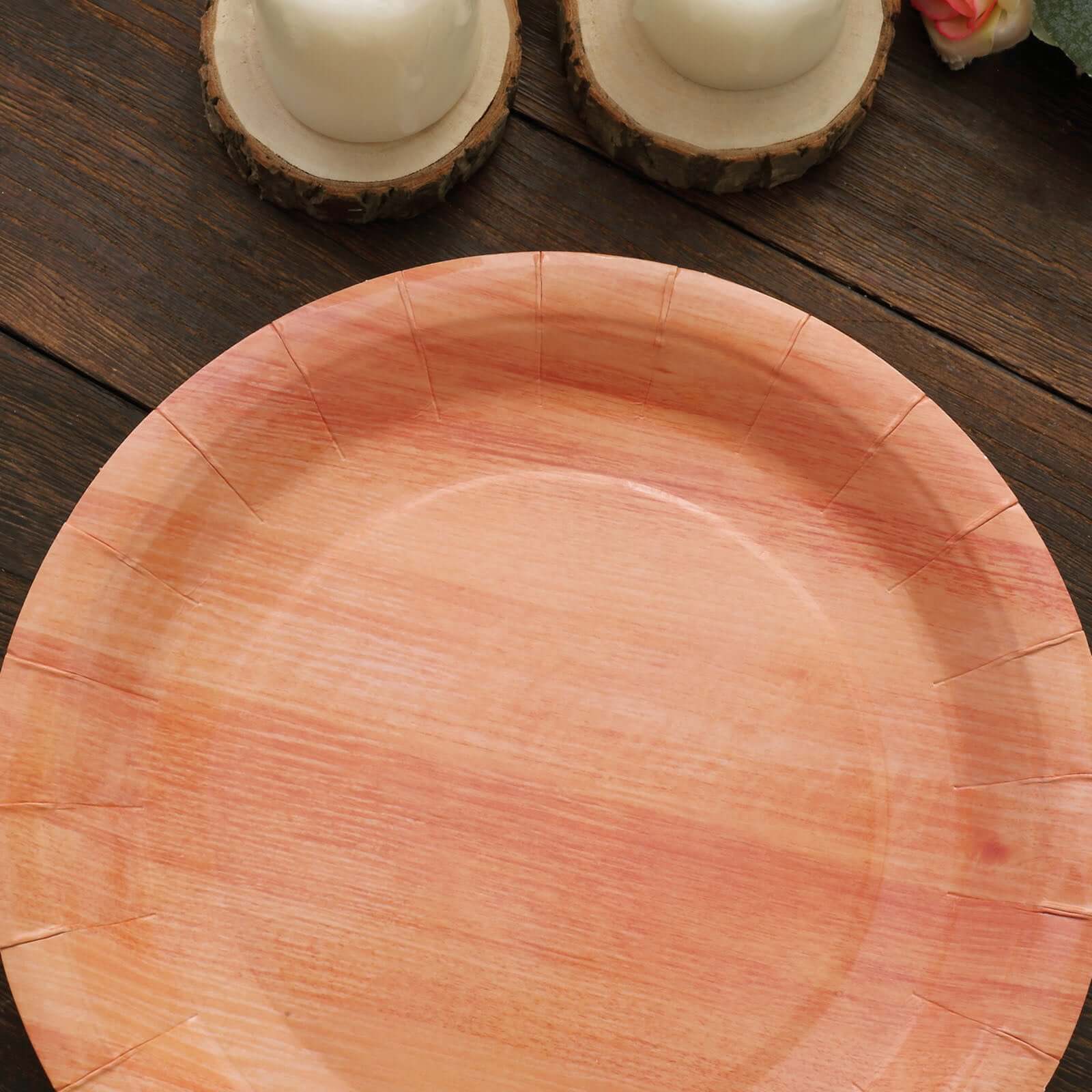 25-Pack Disposable 10-Inch Round Paper Dinner Plates with Natural Wood Grain Print