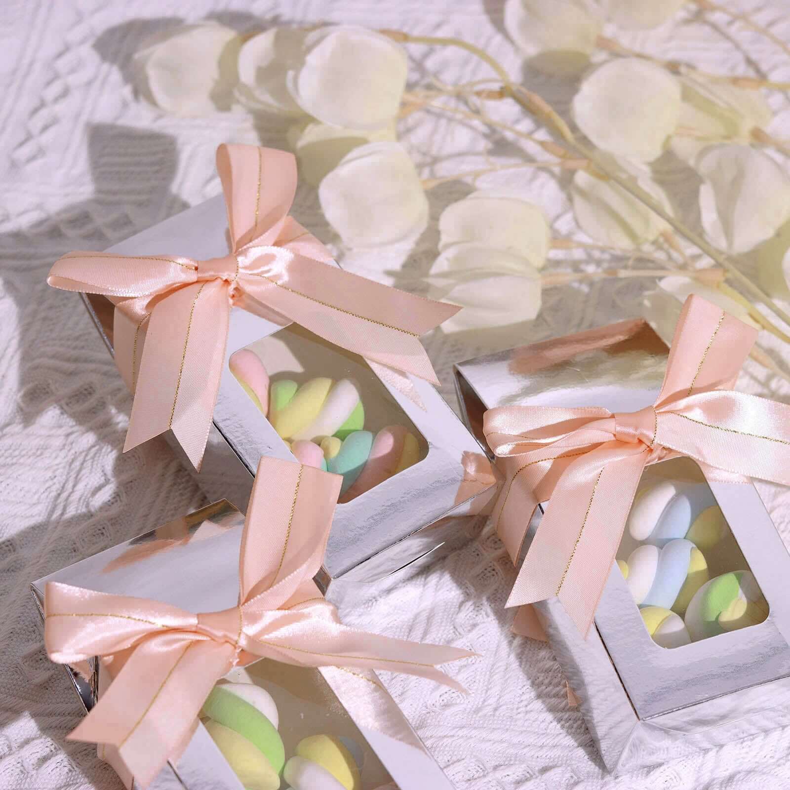 50 Pieces 10-Inch Blush Satin Pre-Tied Ribbon Bows with Gold Foil Lining for Party Decor