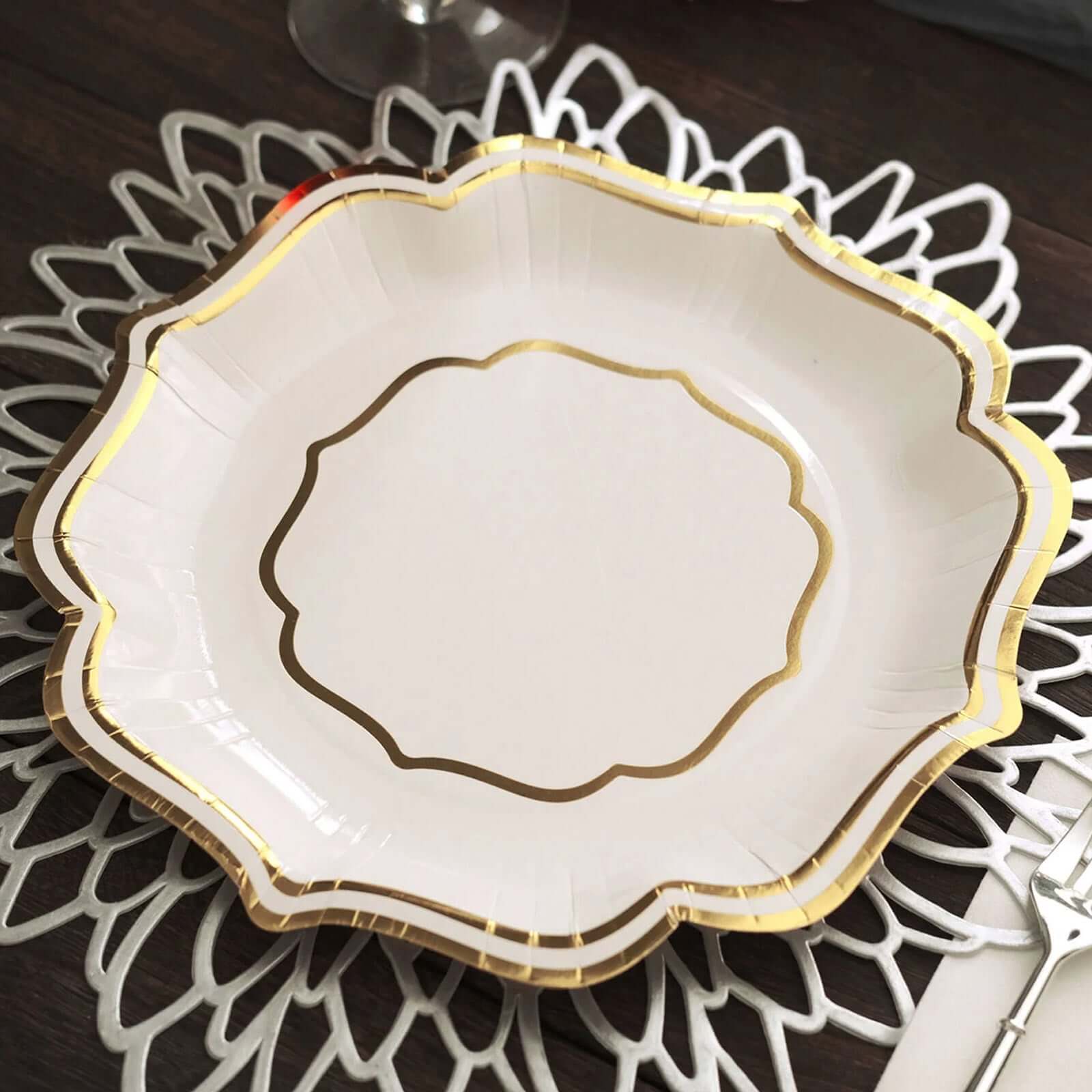 25-Piece Set of White Paper Dinner Plates with Gold Scalloped Edges - 300GSM Disposable Plates for Elegant Parties 10