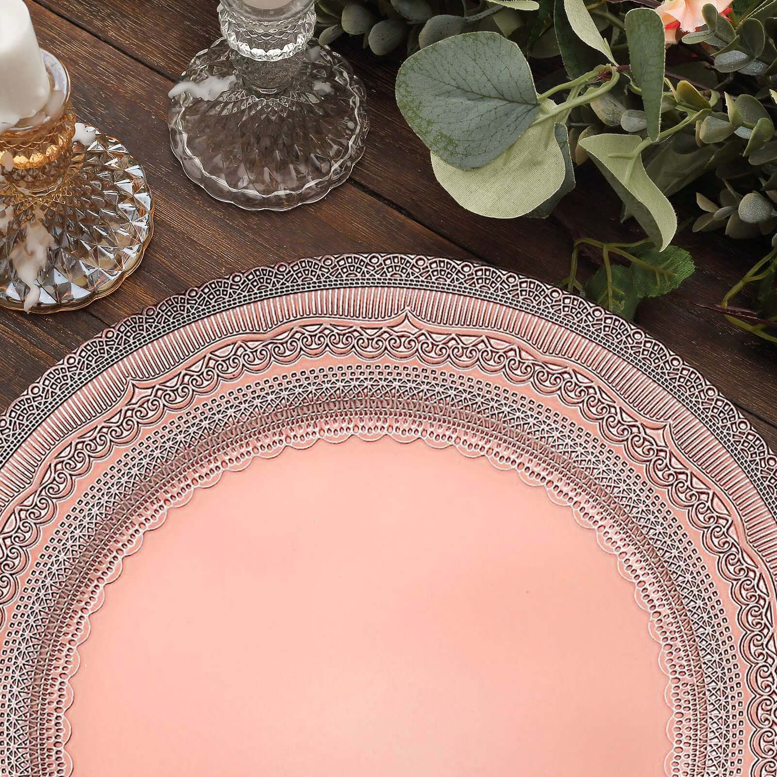 Hot Sale! 6-Pack 13-inch Rose Gold Acrylic Charger Plates with Lace-Embossed Rim for Table Decor