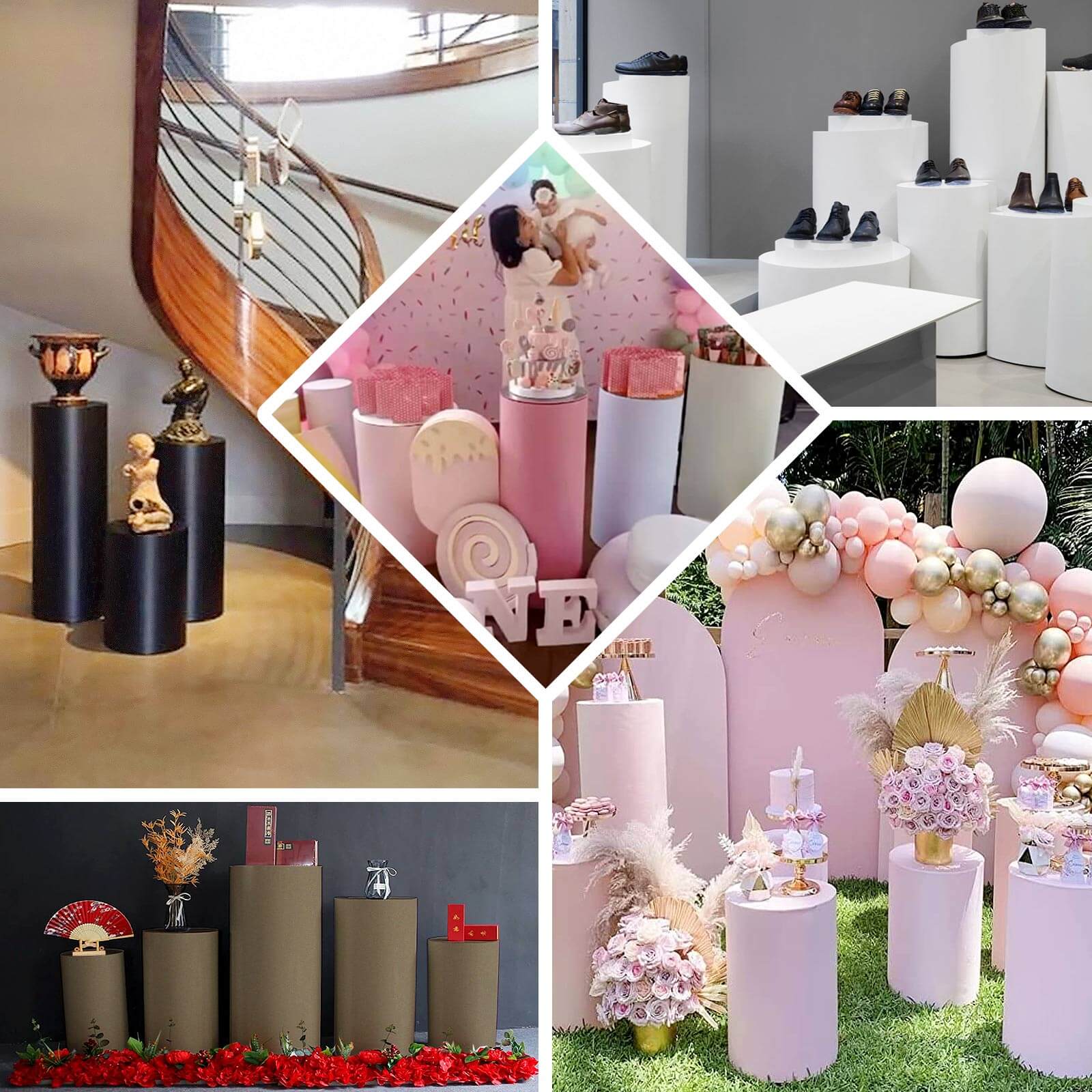 Hot Deal! Set of 5 Fuchsia Stretchable 160 GSM Spandex Cylinder Pedestal Stand Covers
