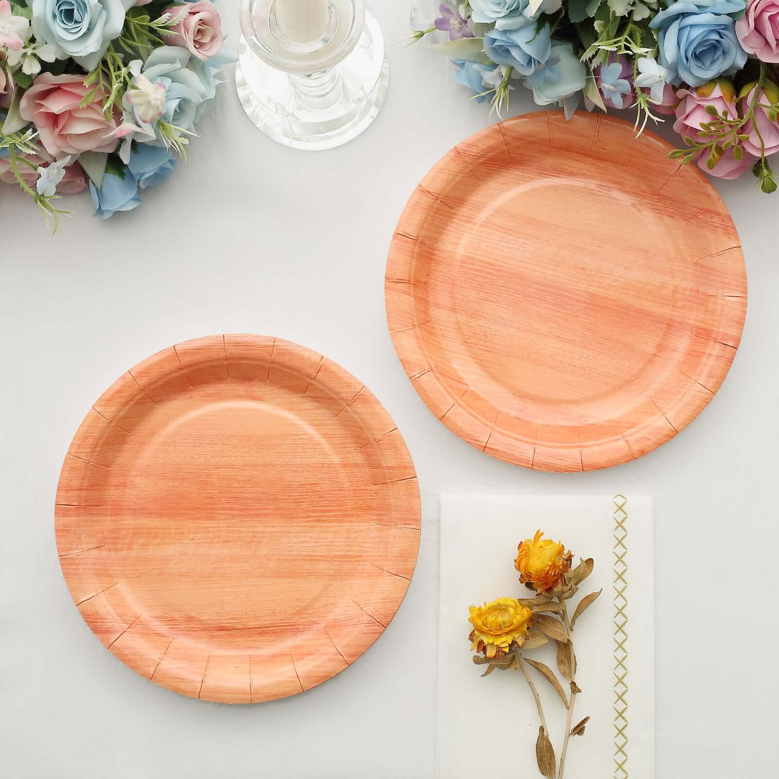 25-Pack 7-Inch Disposable Round Paper Dessert Plates with Natural Wood Grain Print for Rustic Events