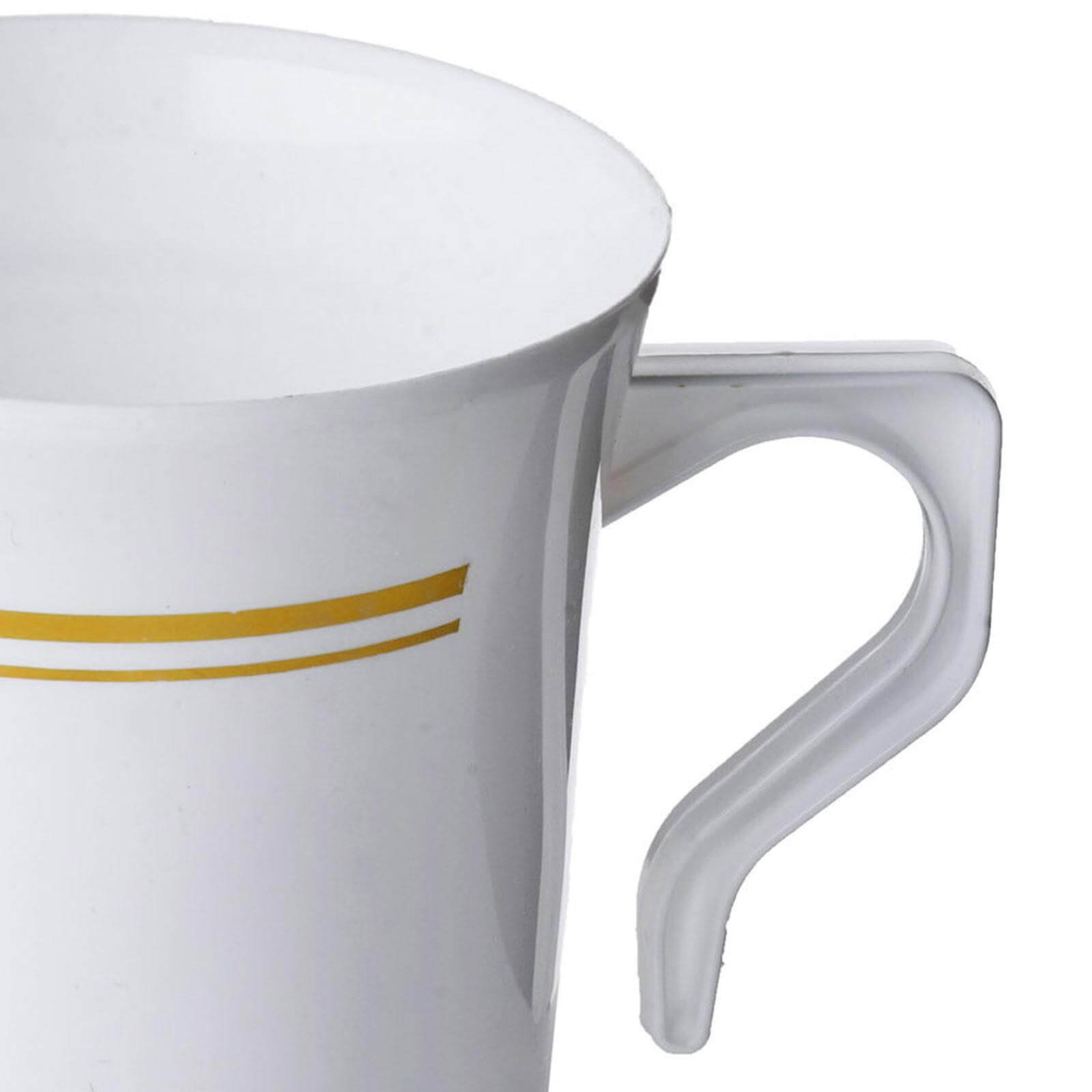 8-Piece Set of Disposable White Plastic Coffee Mugs with Gold Stripes - 8oz Sturdy Cups for Coffee & Tea