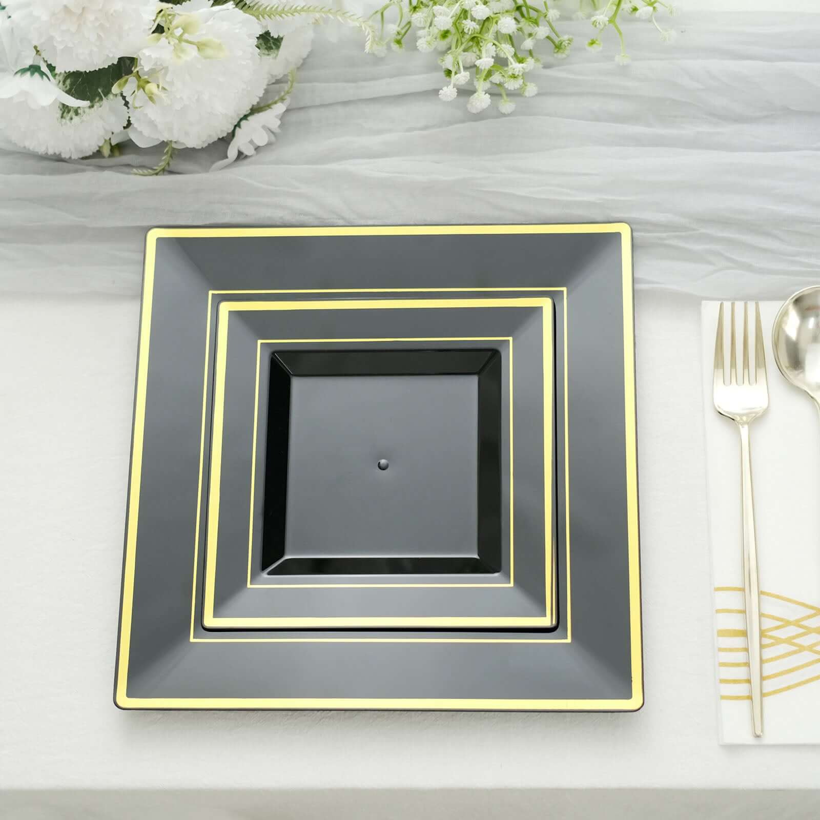 10-Piece Set of Lightweight Disposable Black Square Dinner Plates with Gold Trim