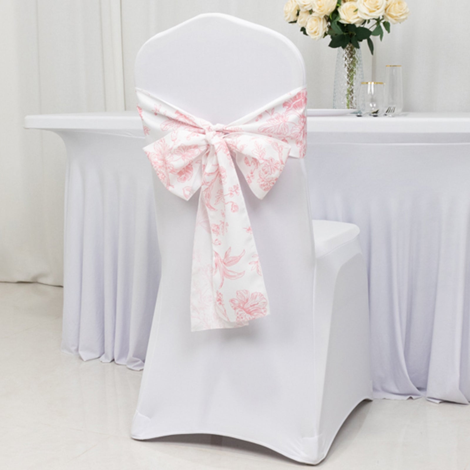 Hot Sale! Wrinkle-Resistant & Durable Polyester Chair Sashes in White/Pink French Toile Floral Design, 6x108