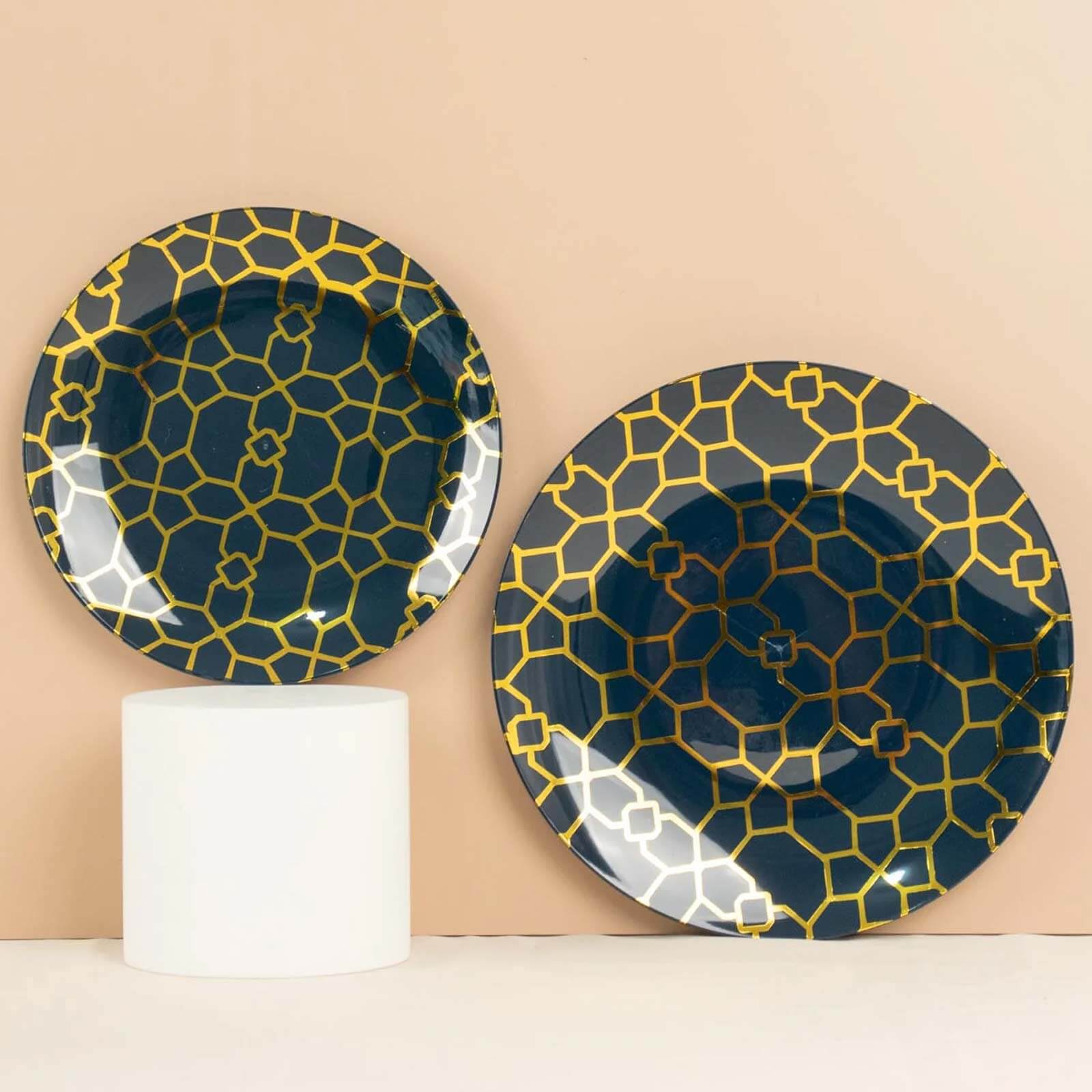 Hot Deal! 20-Pack Navy Blue Plastic Dinnerware Set with Gold Geometric Print for Weddings