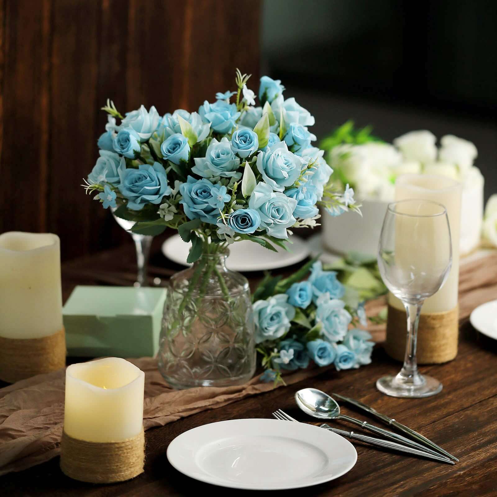 12-Inch Dusty Blue Realistic Artificial Silk Rose Flower Bouquet with 4 Bushes for Various Occasions