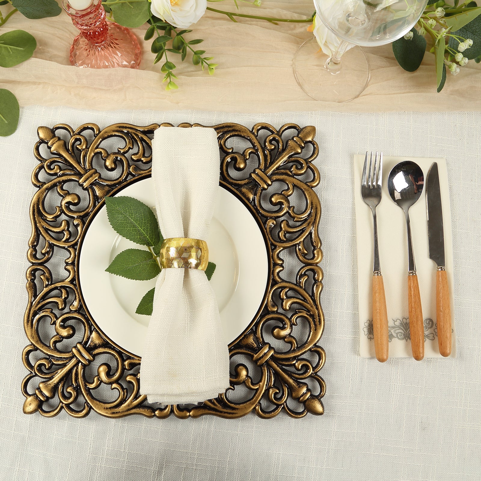 Hot Sale! 6-Pack 12-Inch Black Acrylic Square Charger Plates with Antique Gold Hollow Lace Border for Event Decor