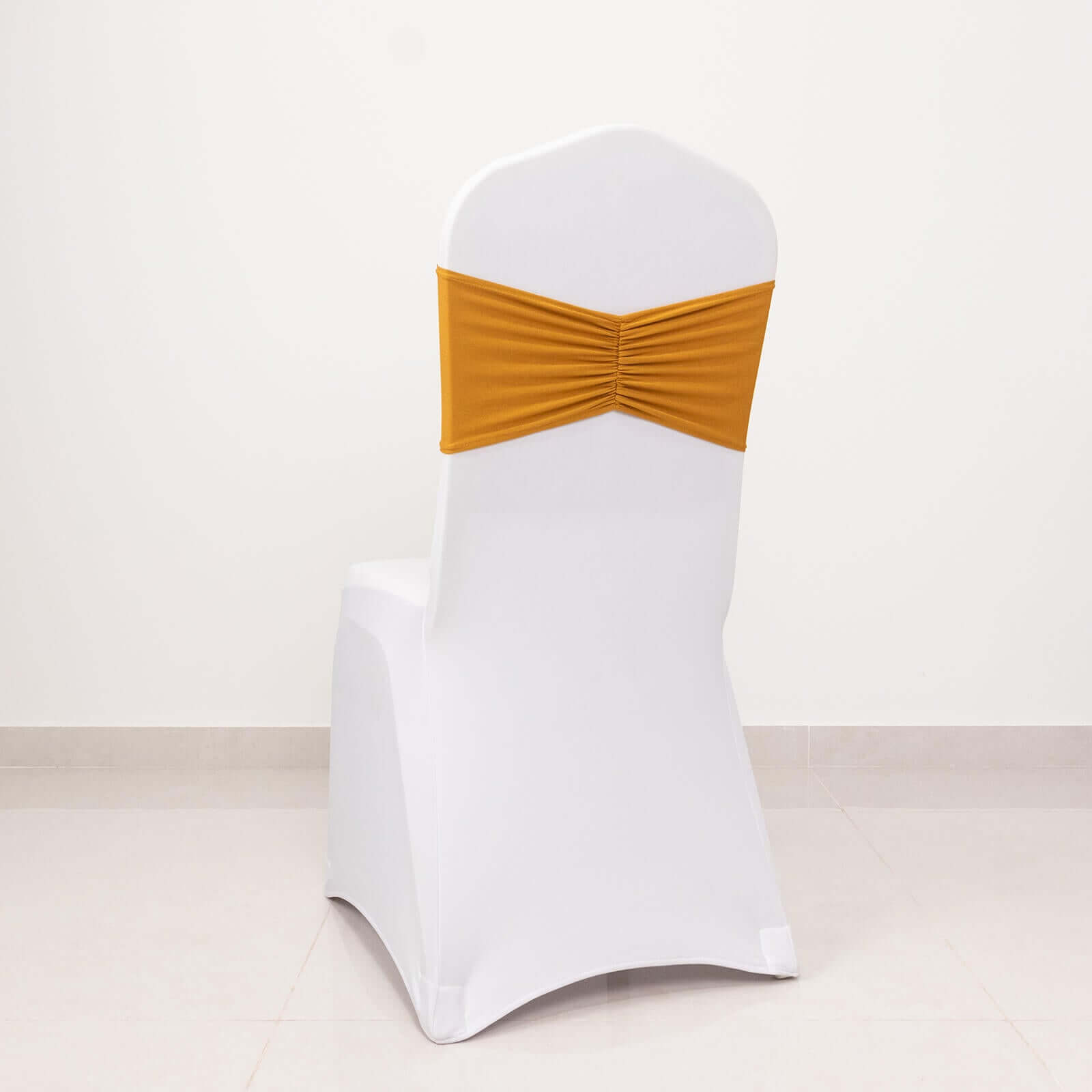 Special Offer! 5-Pack Gold Ruffled Spandex Chair Sashes - Wide Stretch Bands for Elegant Wedding and Event Decor