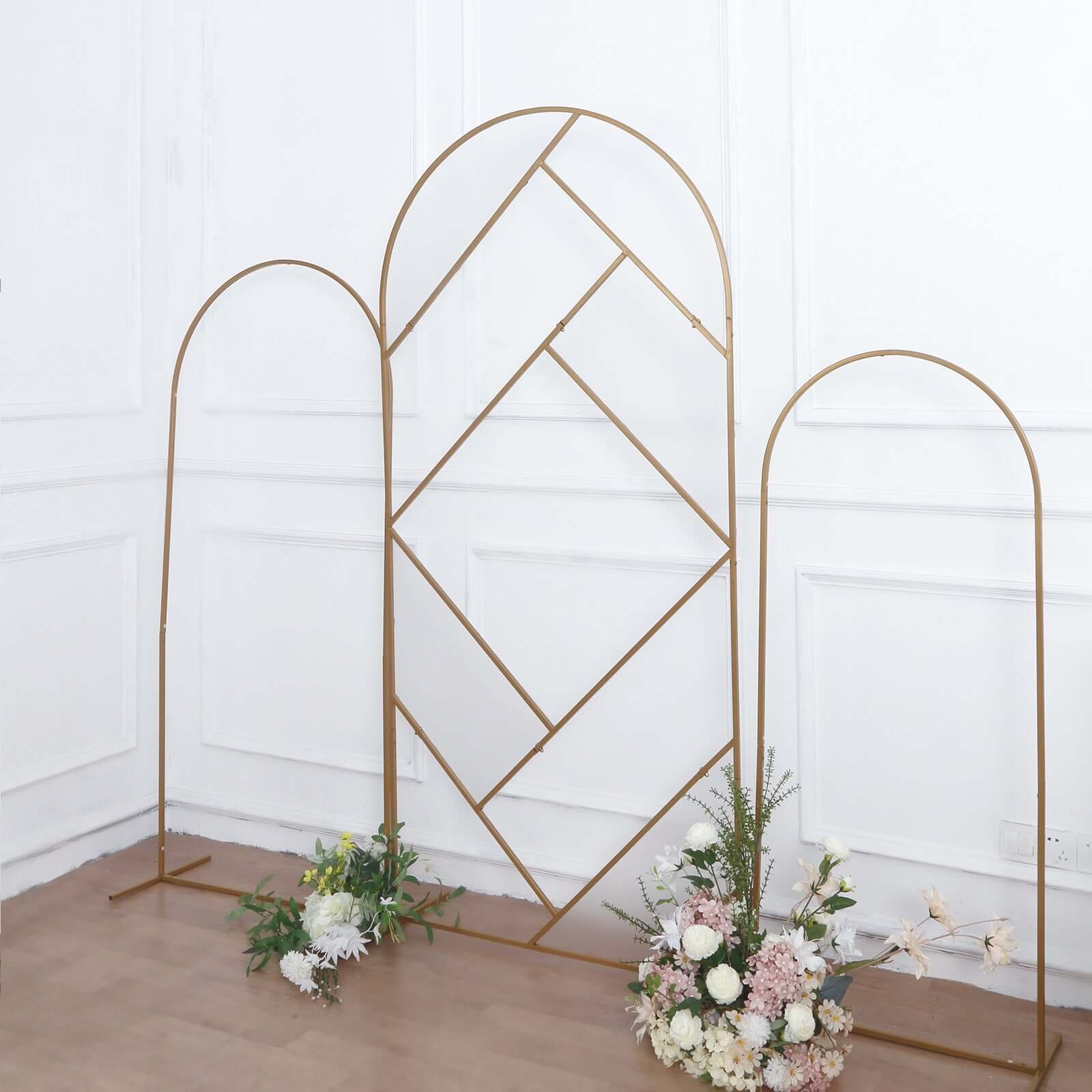 7ft Tall Gold Metal Geometric Flower Frame Prop Stand - Ideal for Weddings!