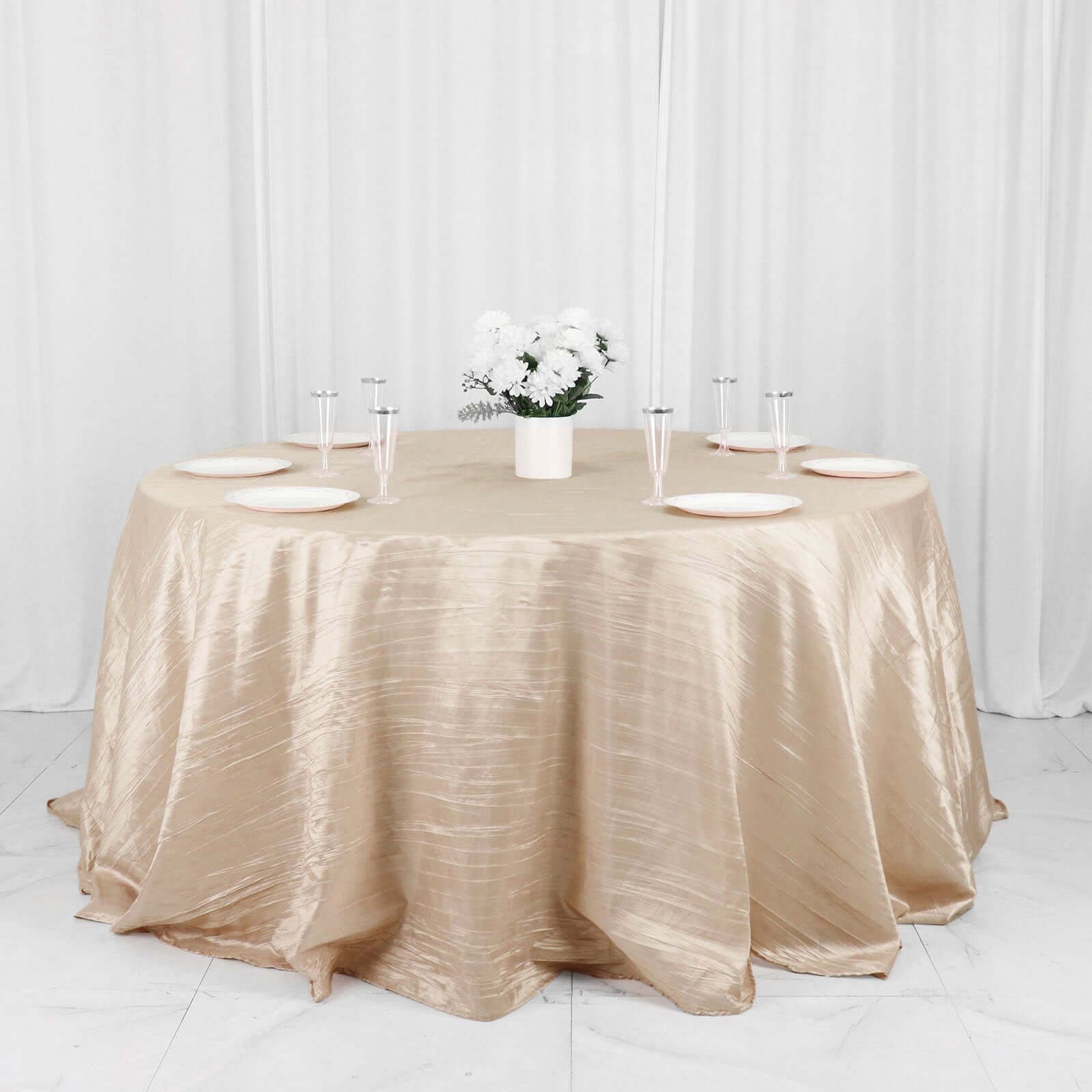 Beige Seamless Accordion Crinkle 132-Inch Taffeta Round Tablecloth
