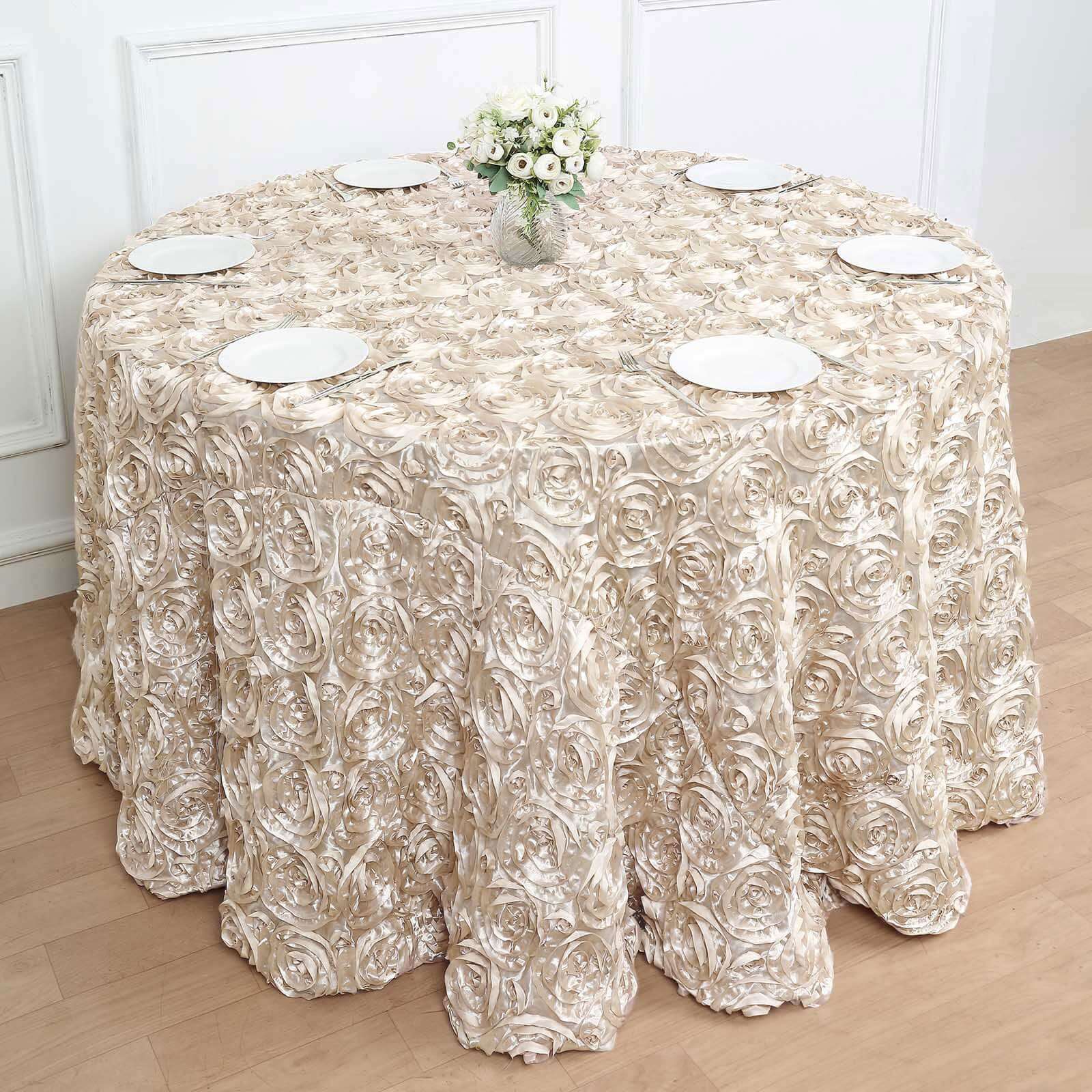 Beige High - Quality Satin 120 - inch Round Tablecloth with 3D Rosette Design