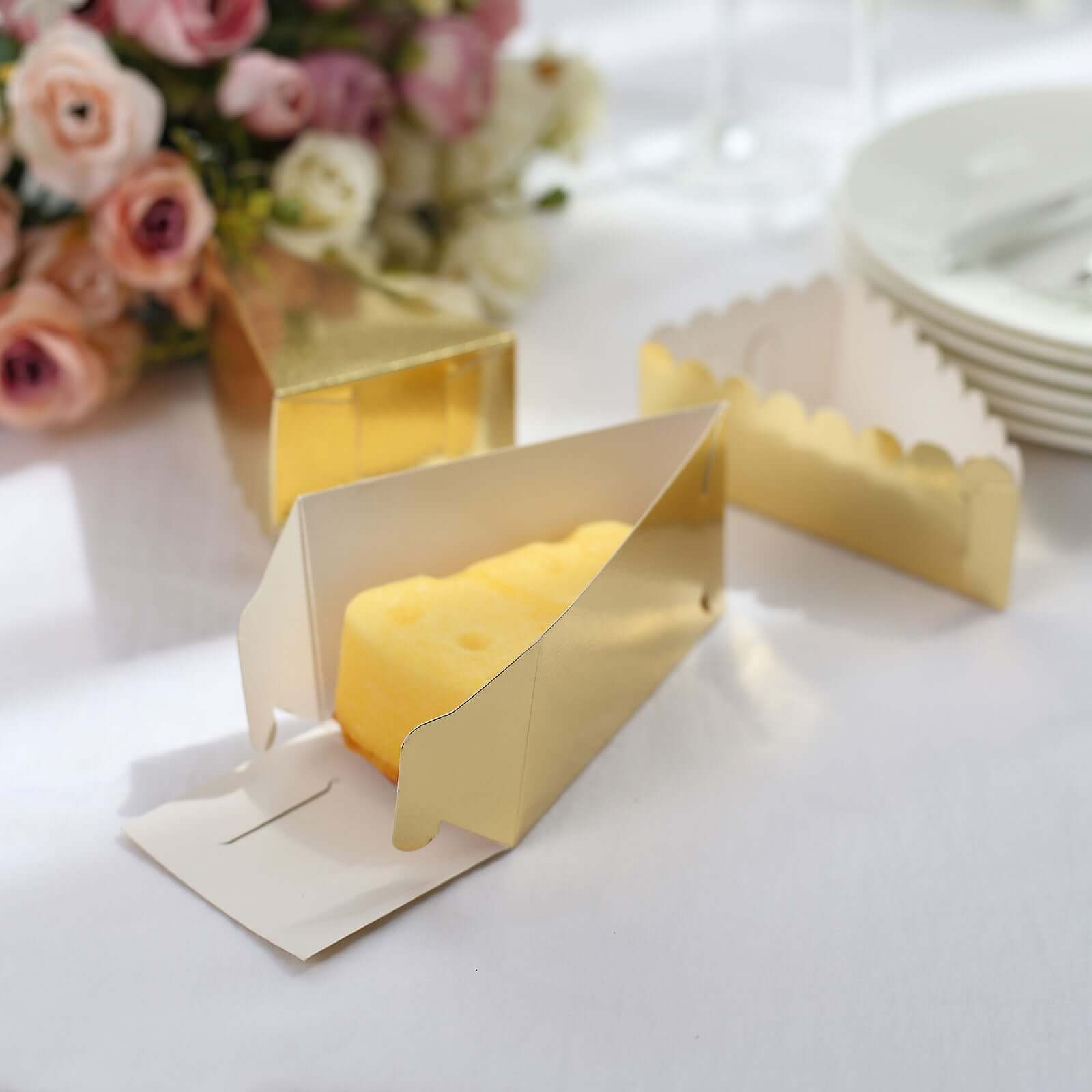 10-Pack Gold Scalloped Top Cardstock Cake Slice Boxes - Ideal for Party Favors & Snacks