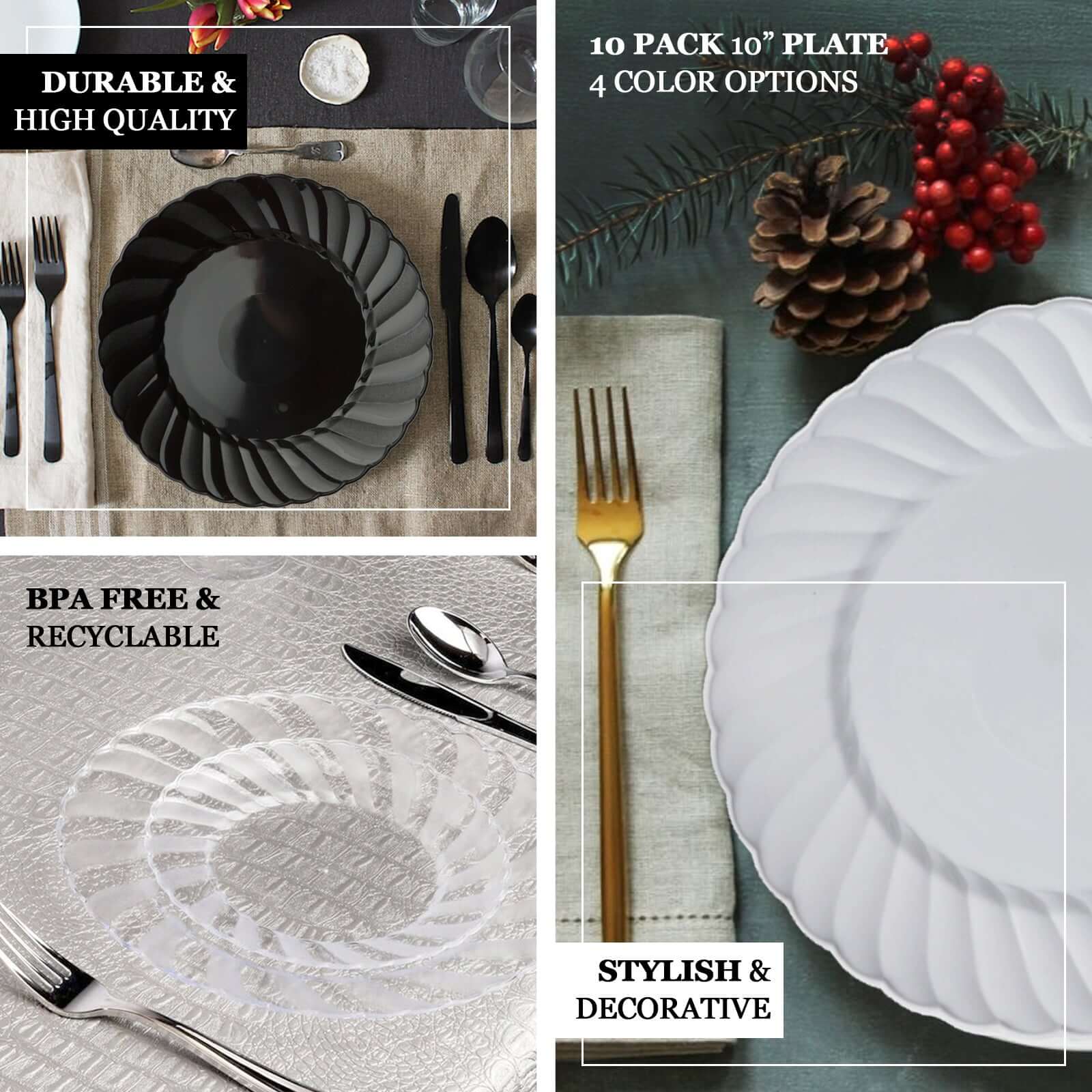 12-Piece Set of Durable Disposable Glossy White Swirl Rim Plastic Dinner Plates, 10 Inches