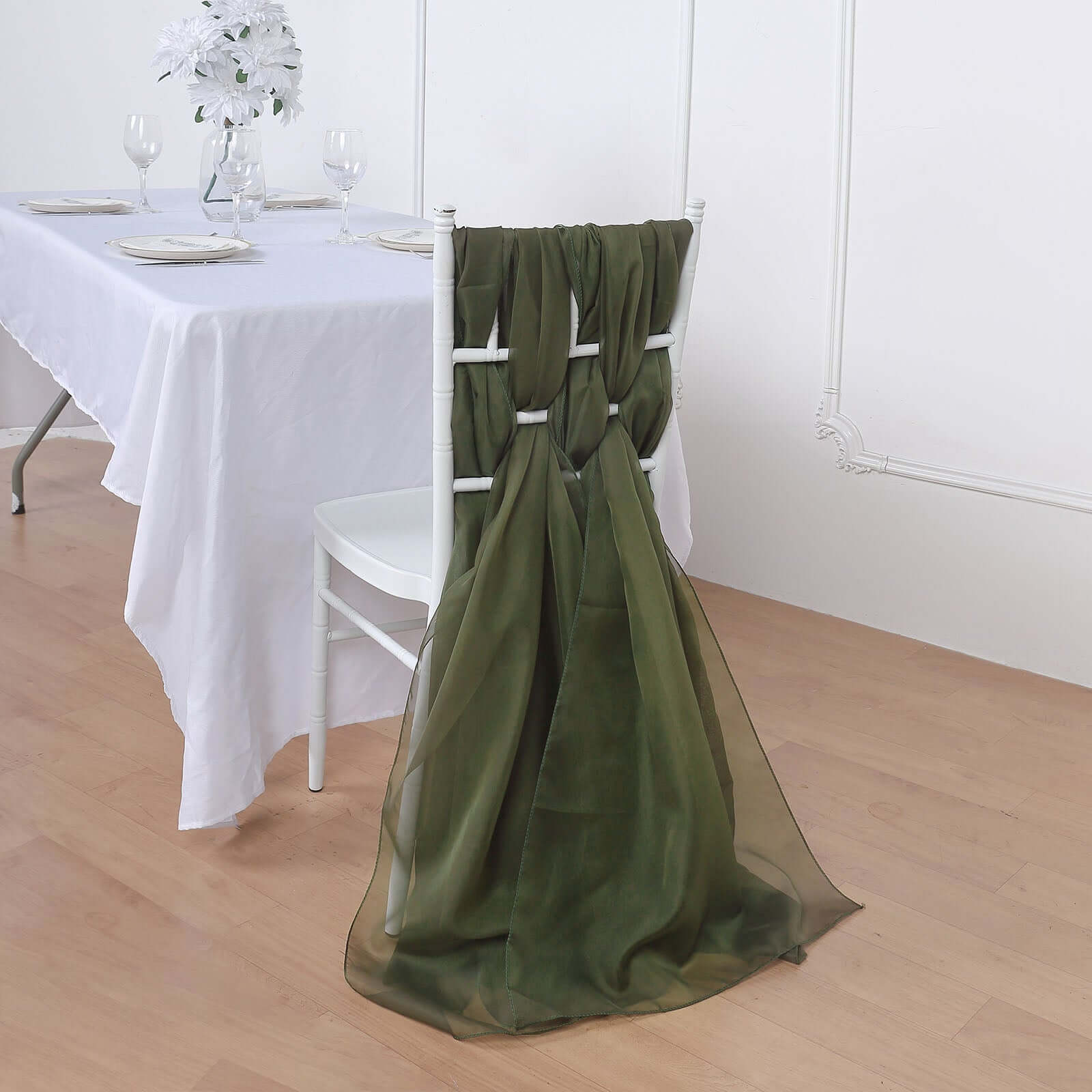 5-Pack Olive Green Premium Chiffon Chair Sashes - Soft, Lightweight Designer Bows
