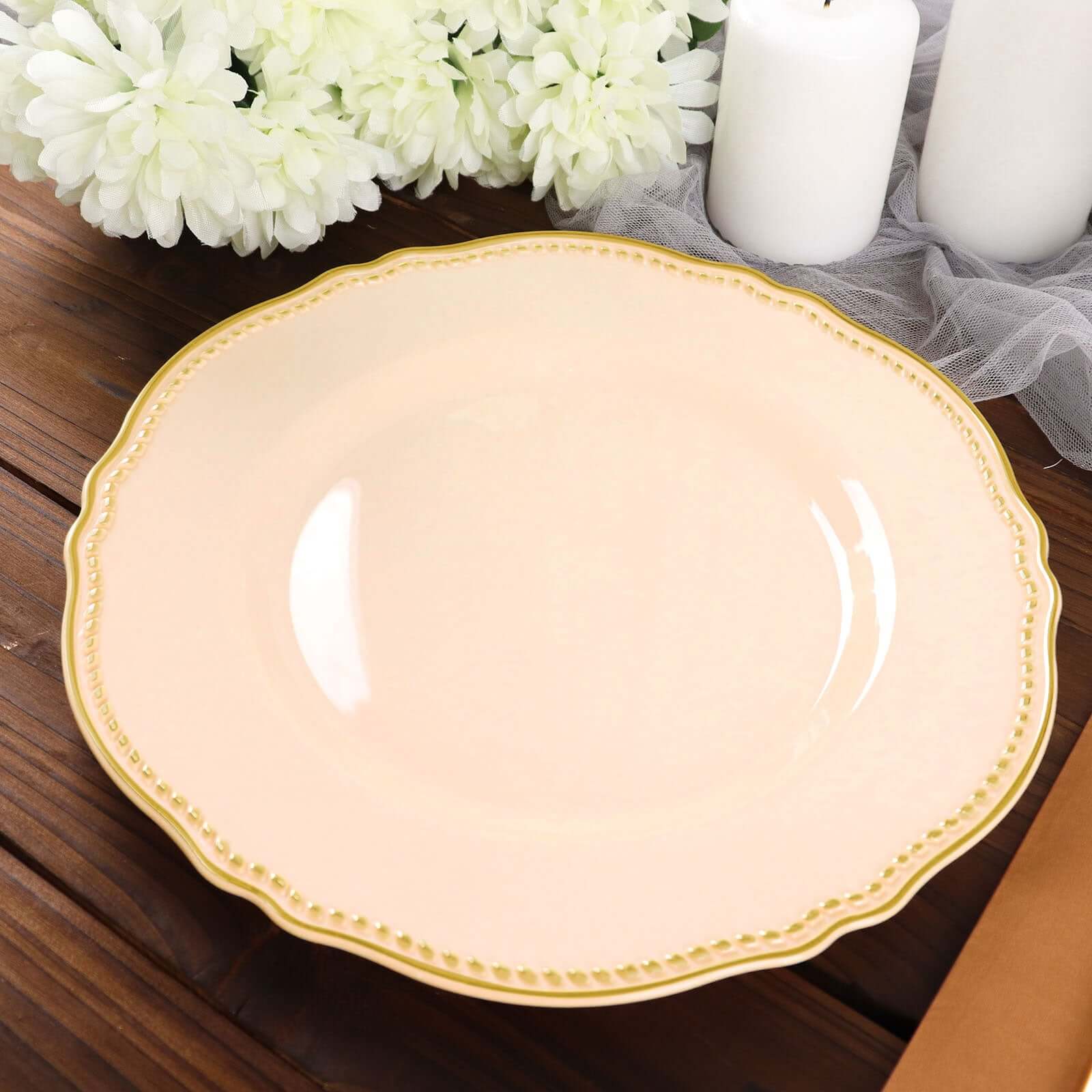 10-Piece Disposable Plastic Dinner Plates in Nude with Gold Scalloped Rim - Ideal for Party Supplies