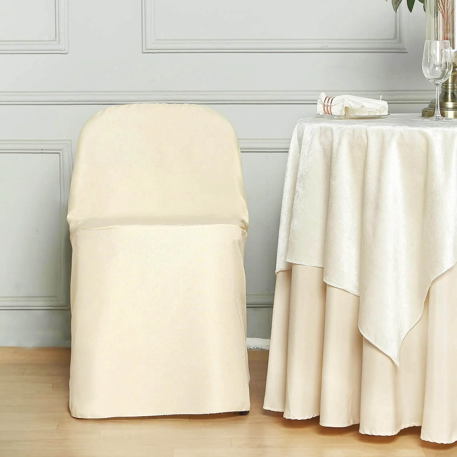10-Pack Wrinkle-Free, Stain-Resistant Beige Polyester Slip-On Chair Covers for Folding Chairs