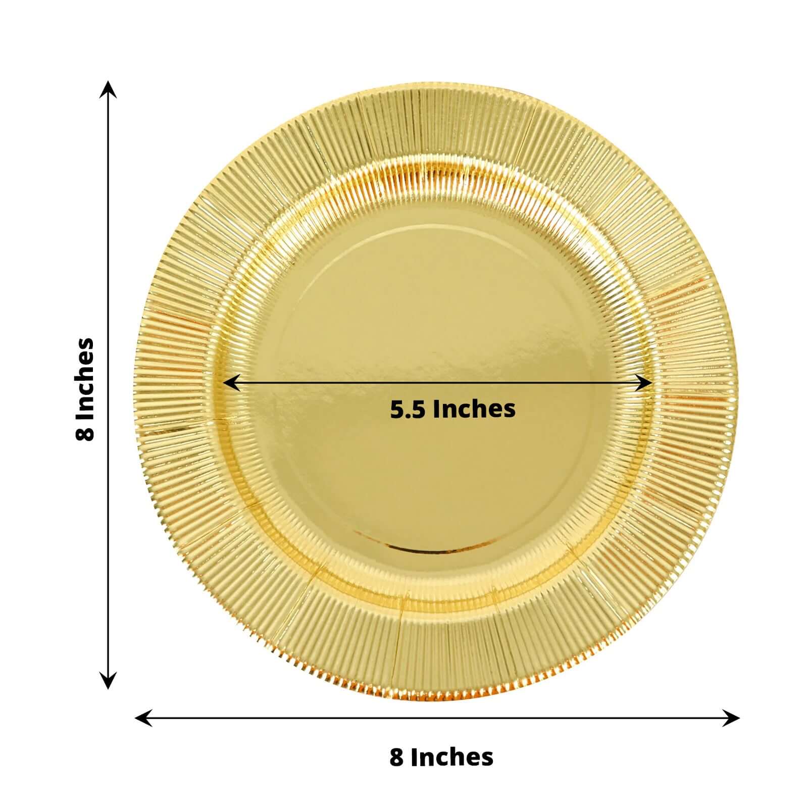 25-Piece Set of Disposable 8-Inch Round Metallic Gold Sunray Design Paper Dessert Plates - Heavy Duty 350GSM