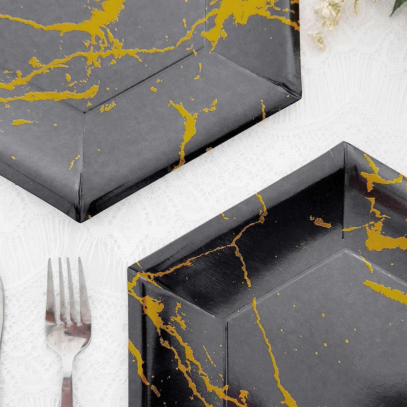 25-Pack Disposable 12" Black Paper Dinner Plates with Gold Marble Design - Ideal for Events
