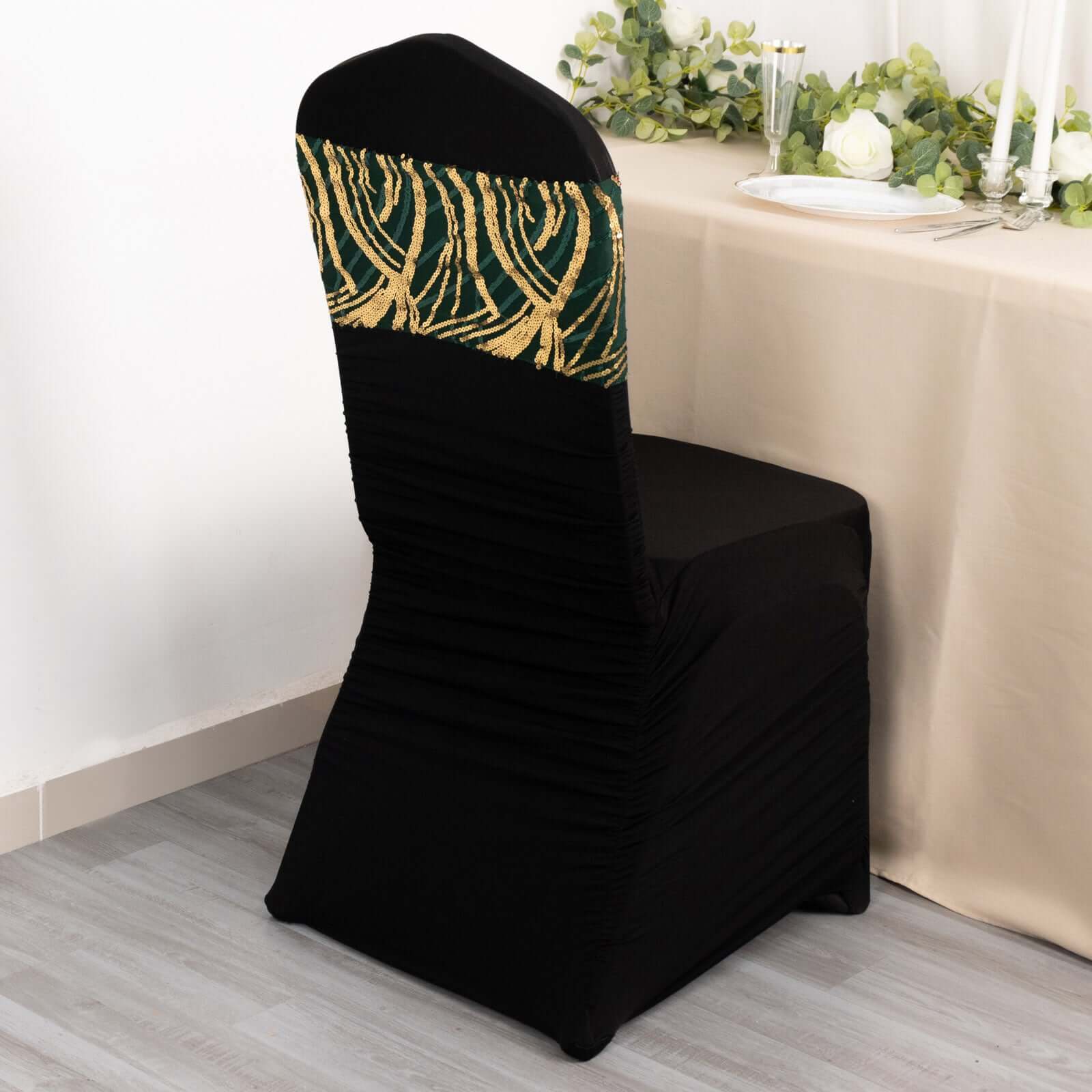 Hot Deal! 5-Pack Hunter Emerald Green/Gold Chair Sash Bands with Wave Embroidered Sequins