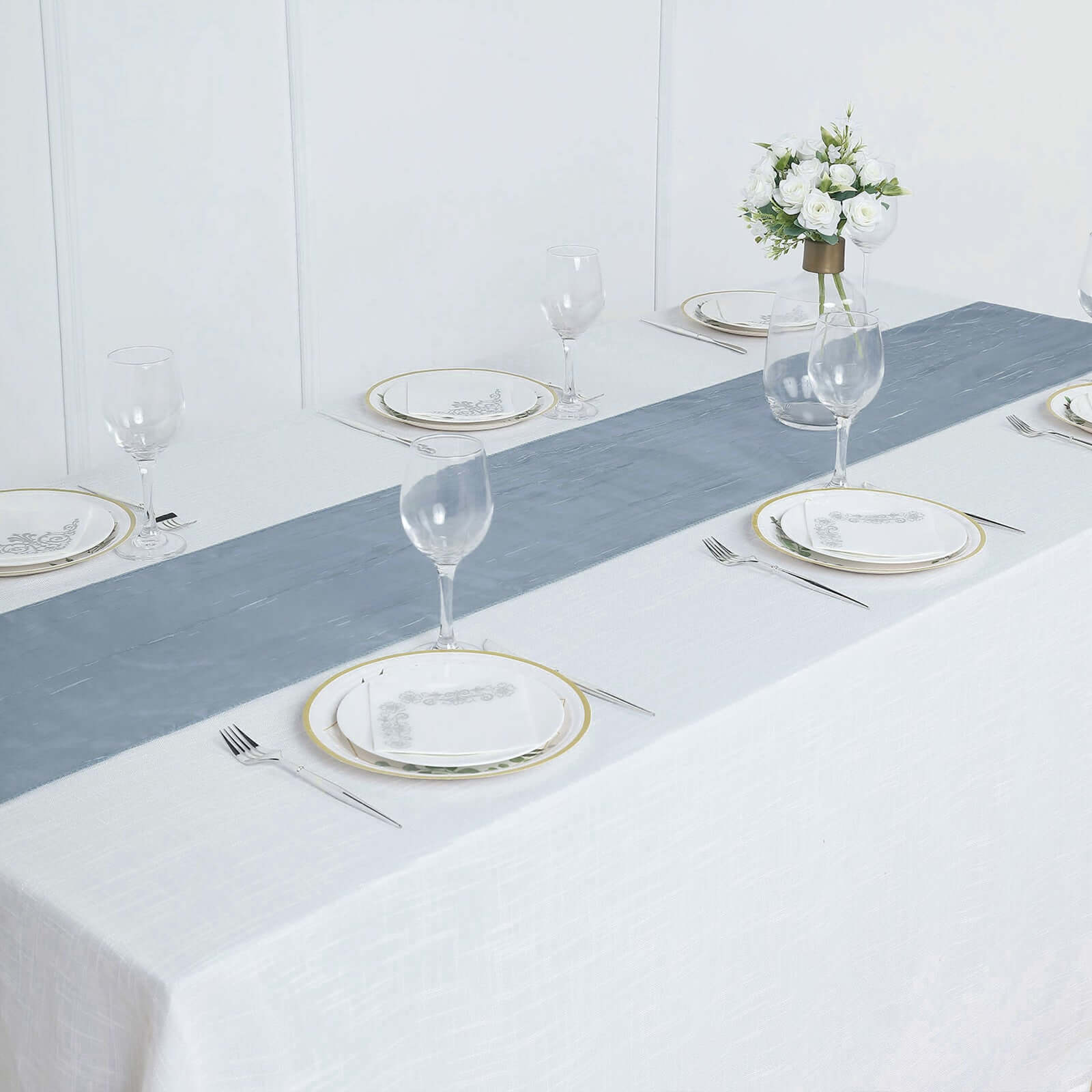 12x108 Dusty Blue Taffeta Table Runner with Accordion Crinkle & Metallic Shine