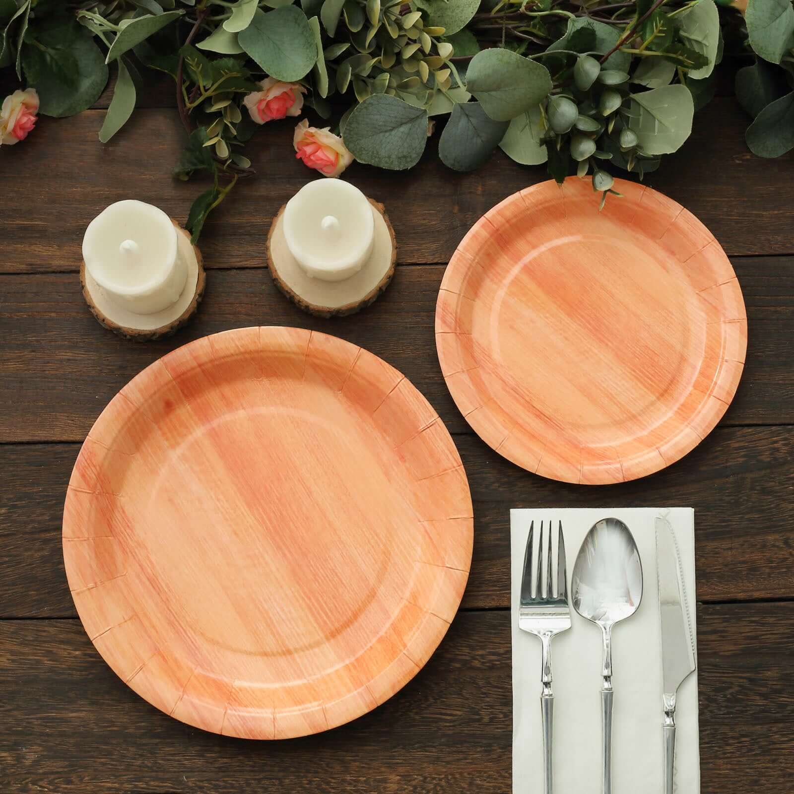 25-Pack 7-Inch Disposable Round Paper Dessert Plates with Natural Wood Grain Print for Rustic Events